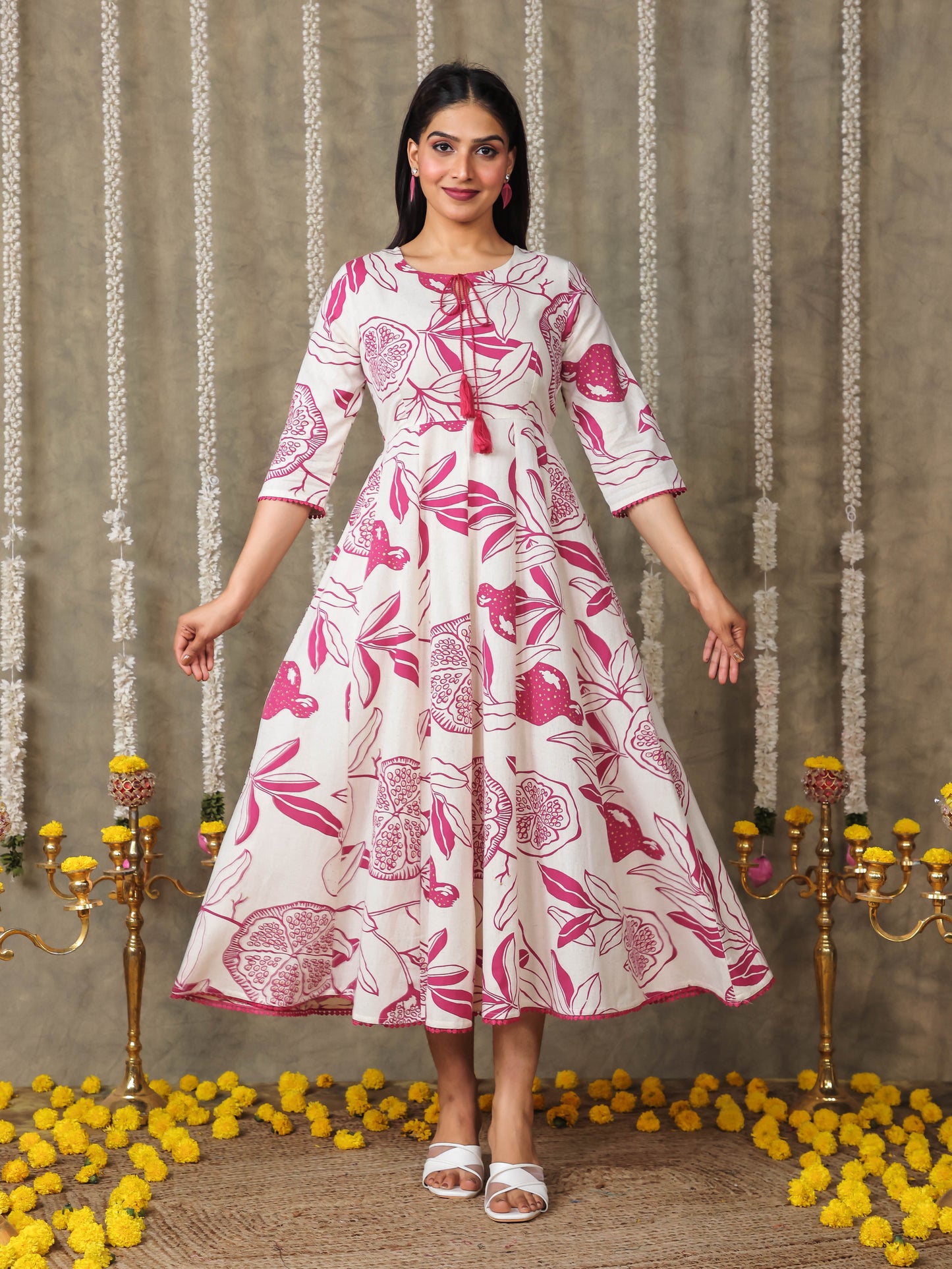 Linen Cotton Foliage Flared Pink Dress