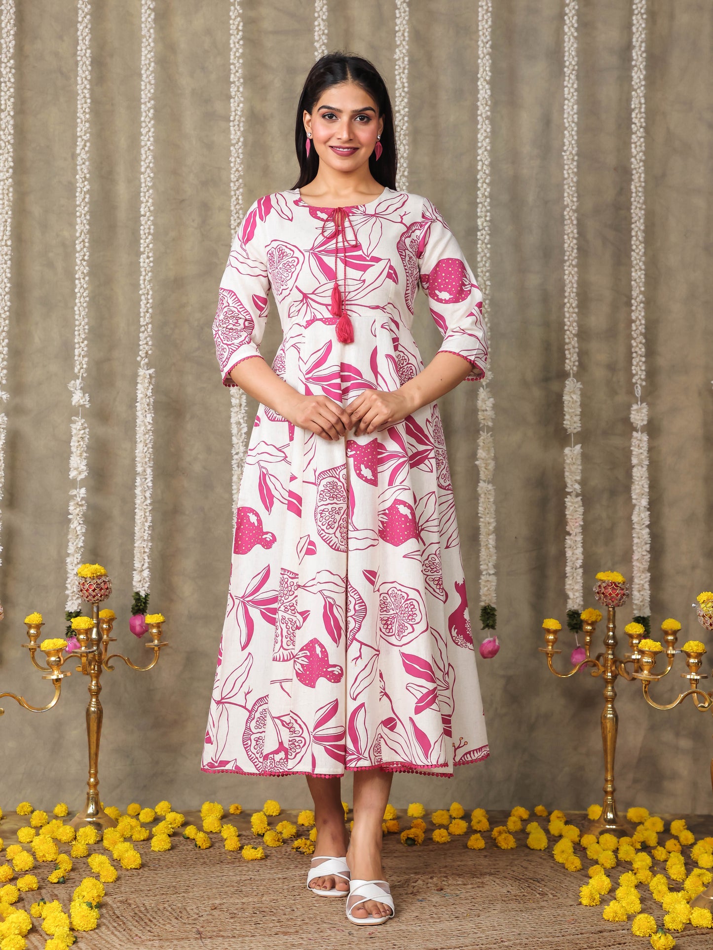 Linen Cotton Foliage Flared Pink Dress