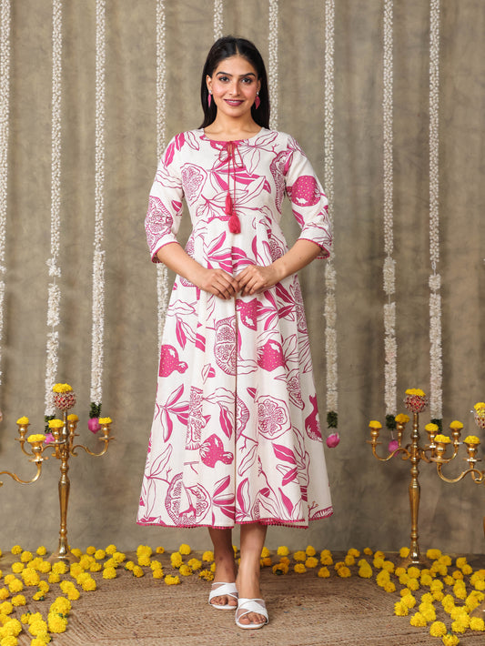 Linen Cotton Foliage Flared Pink Dress