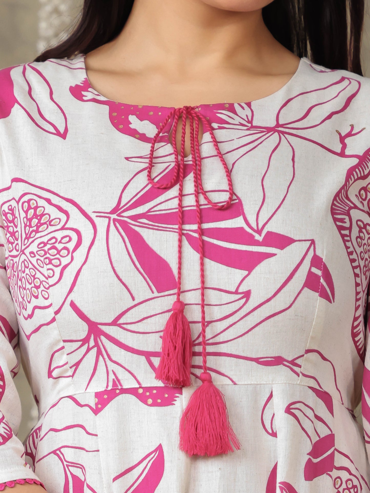 Linen Cotton Foliage Flared Pink Dress