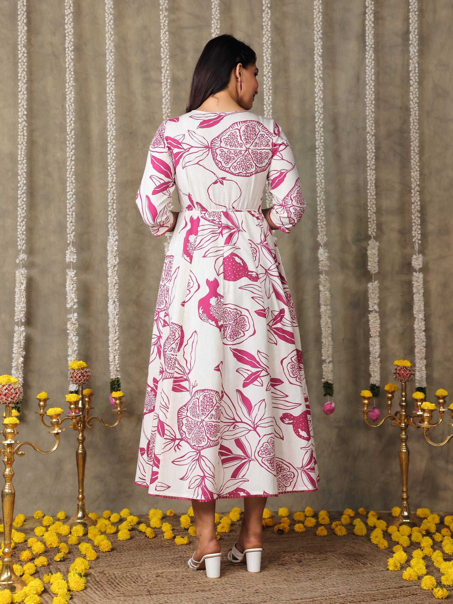 Linen Cotton Foliage Flared Pink Dress