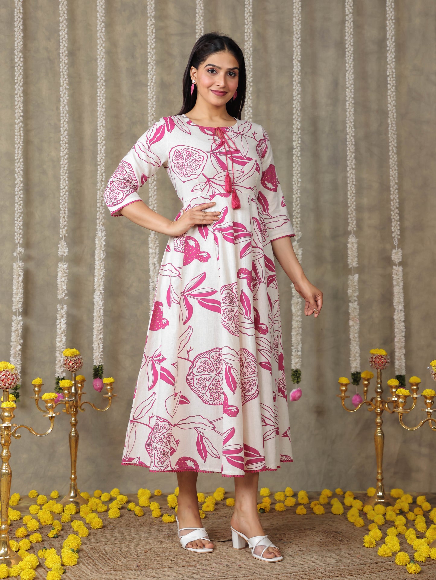 Linen Cotton Foliage Flared Pink Dress