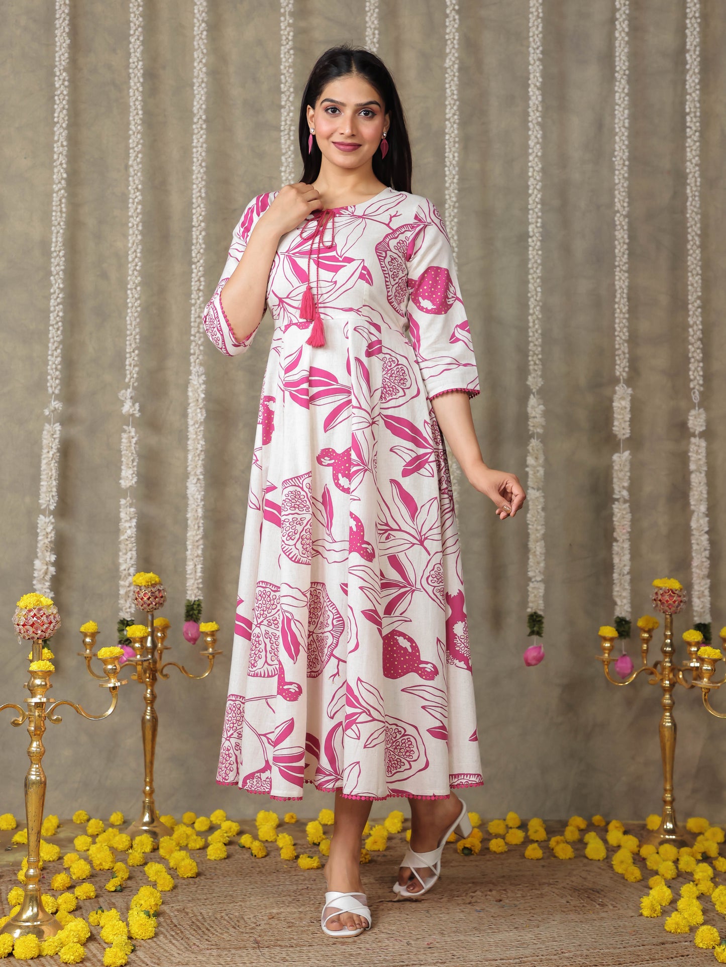 Linen Cotton Foliage Flared Pink Dress
