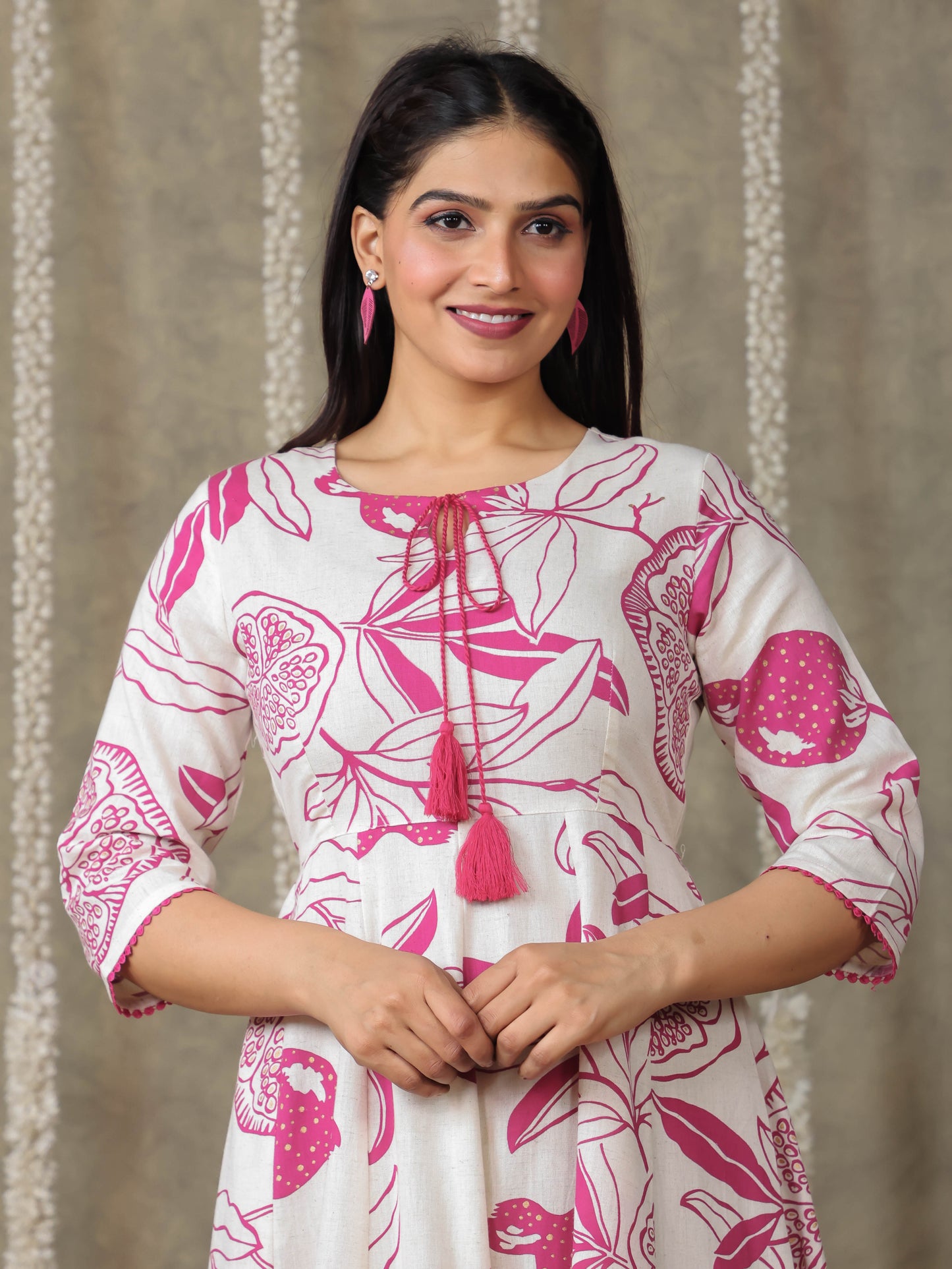 Linen Cotton Foliage Flared Pink Dress