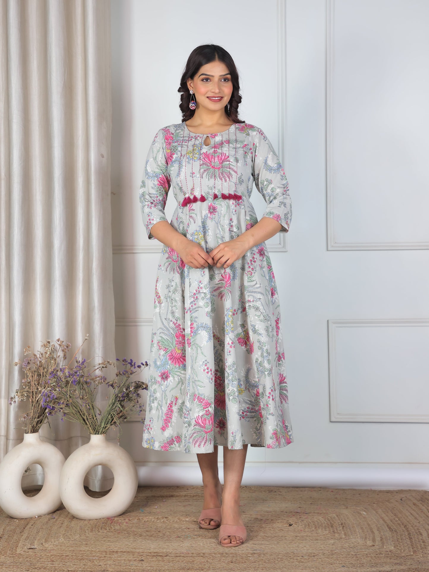 Embroidered Linen Cotton Floral Flared Grey Dress