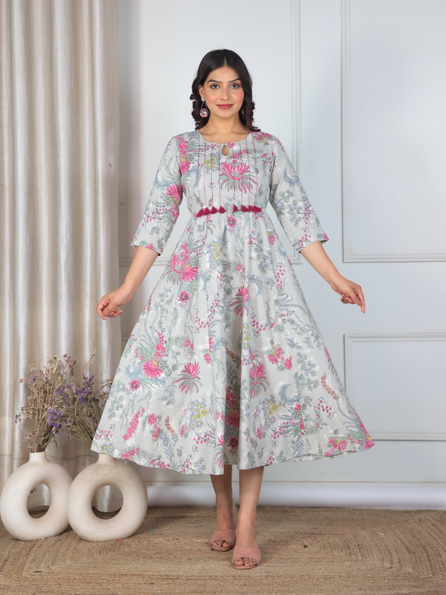 Embroidered Linen Cotton Floral Flared Grey Dress