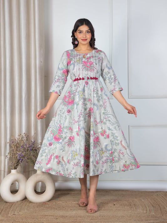 Embroidered Linen Cotton Floral Flared Grey Dress