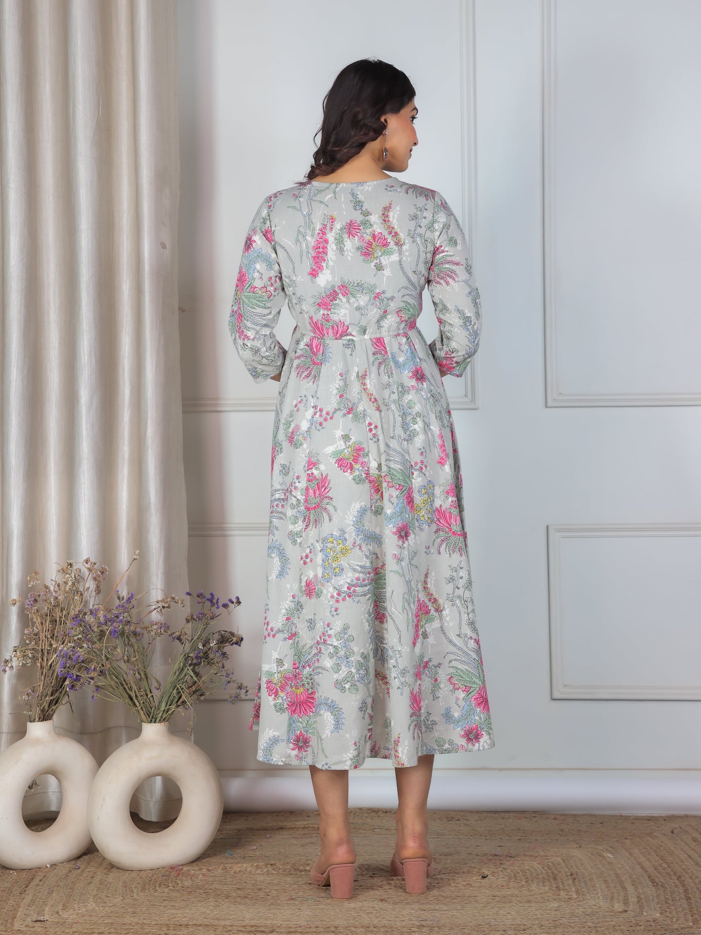 Embroidered Linen Cotton Floral Flared Grey Dress
