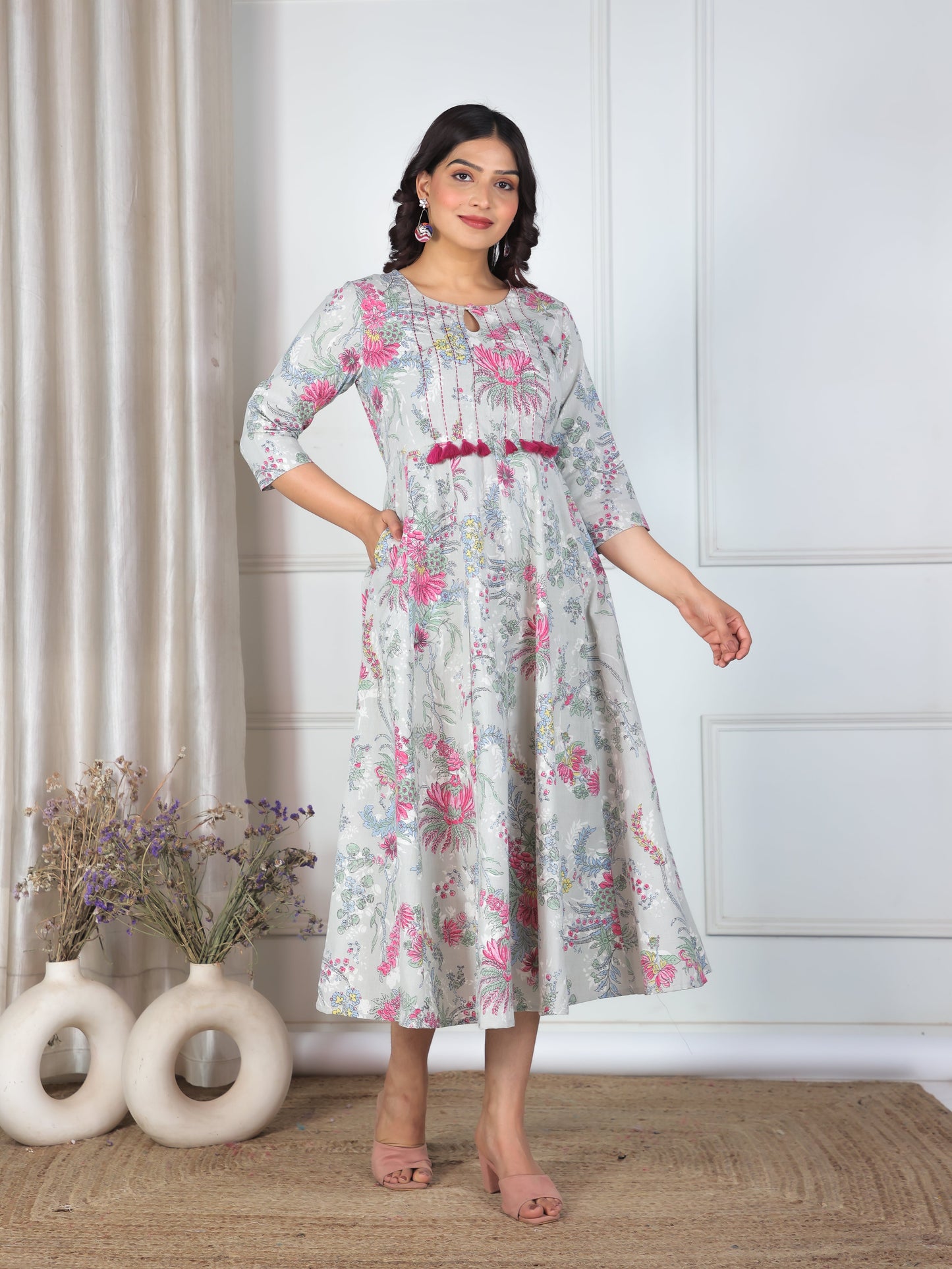 Embroidered Linen Cotton Floral Flared Grey Dress