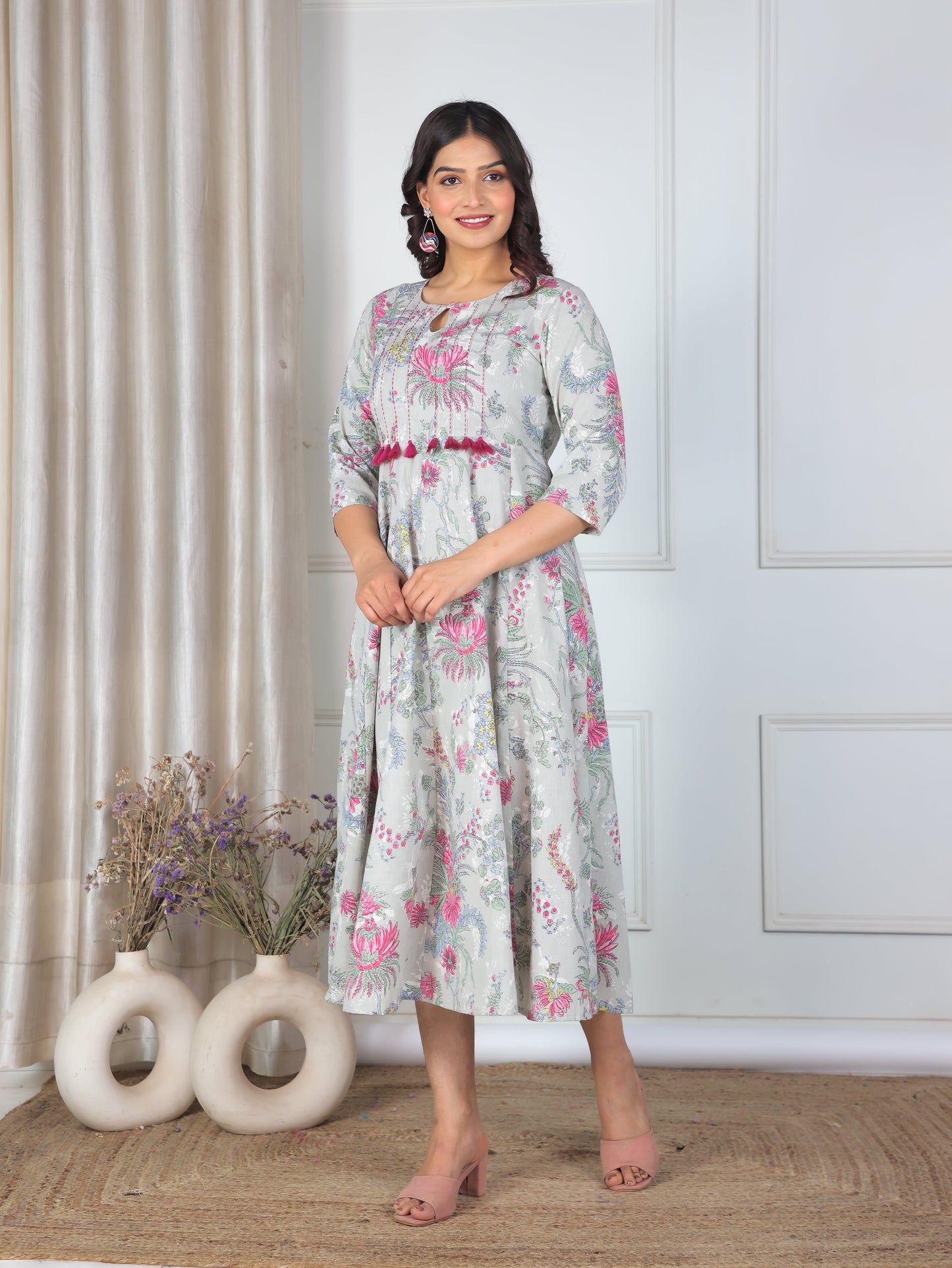 Embroidered Linen Cotton Floral Flared Grey Dress