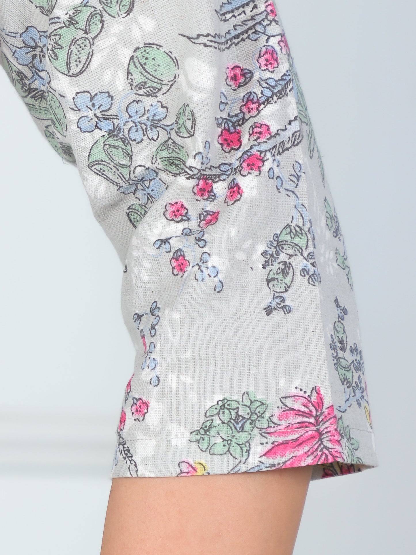 Embroidered Linen Cotton Floral Flared Grey Dress