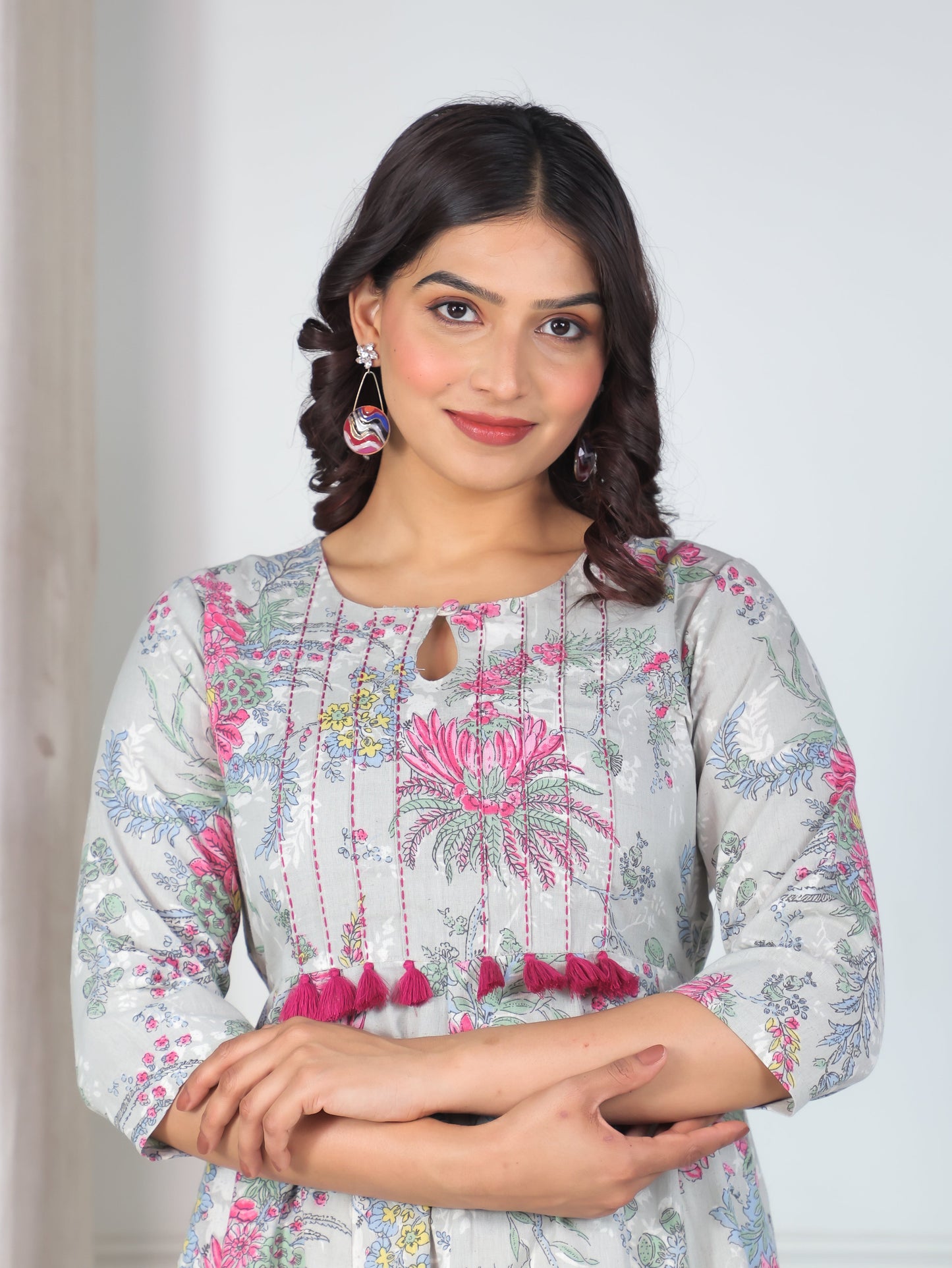 Embroidered Linen Cotton Floral Flared Grey Dress