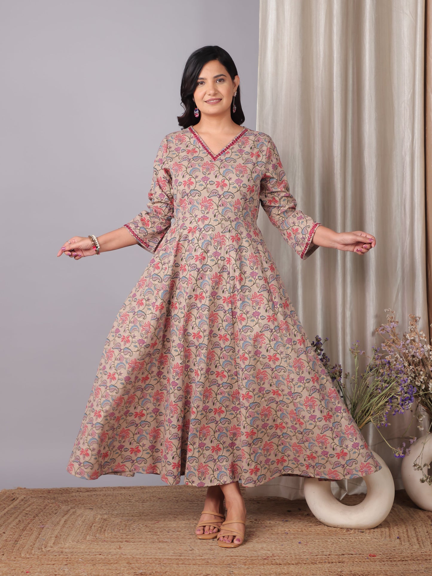 Embroidered Linen Cotton Floral Flared Beige Dress