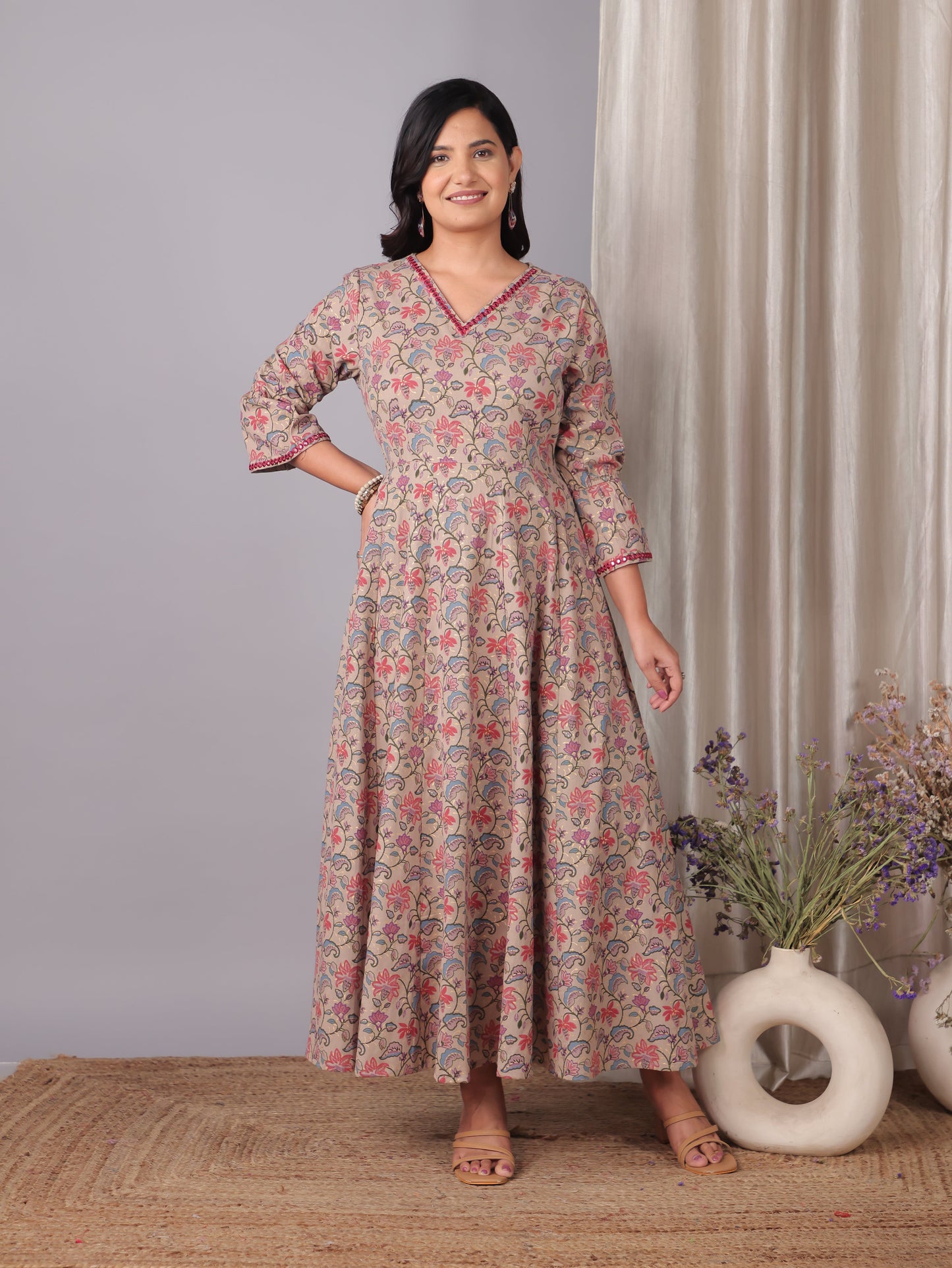 Embroidered Linen Cotton Floral Flared Beige Dress