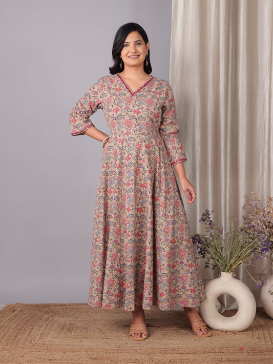 Embroidered Linen Cotton Floral Flared Beige Dress
