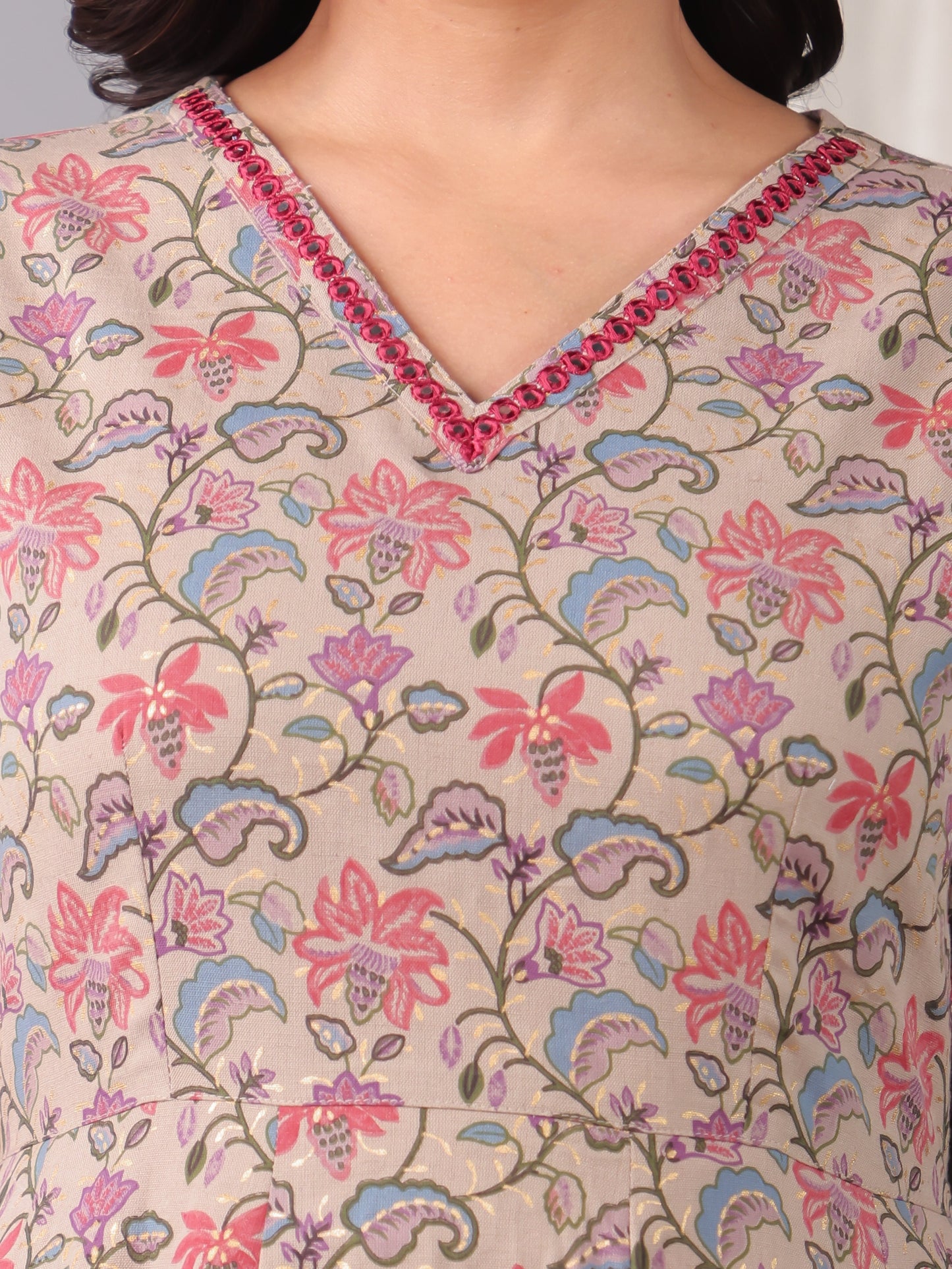 Embroidered Linen Cotton Floral Flared Beige Dress