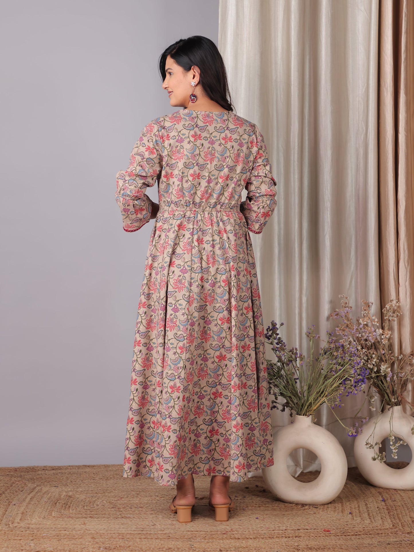 Embroidered Linen Cotton Floral Flared Beige Dress