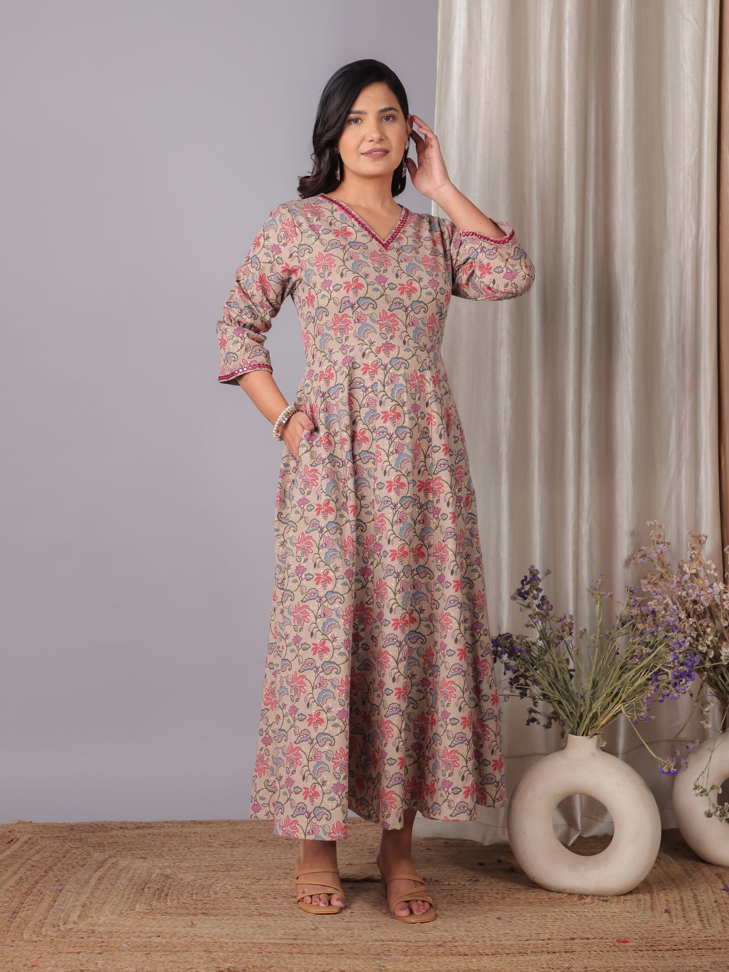 Embroidered Linen Cotton Floral Flared Beige Dress