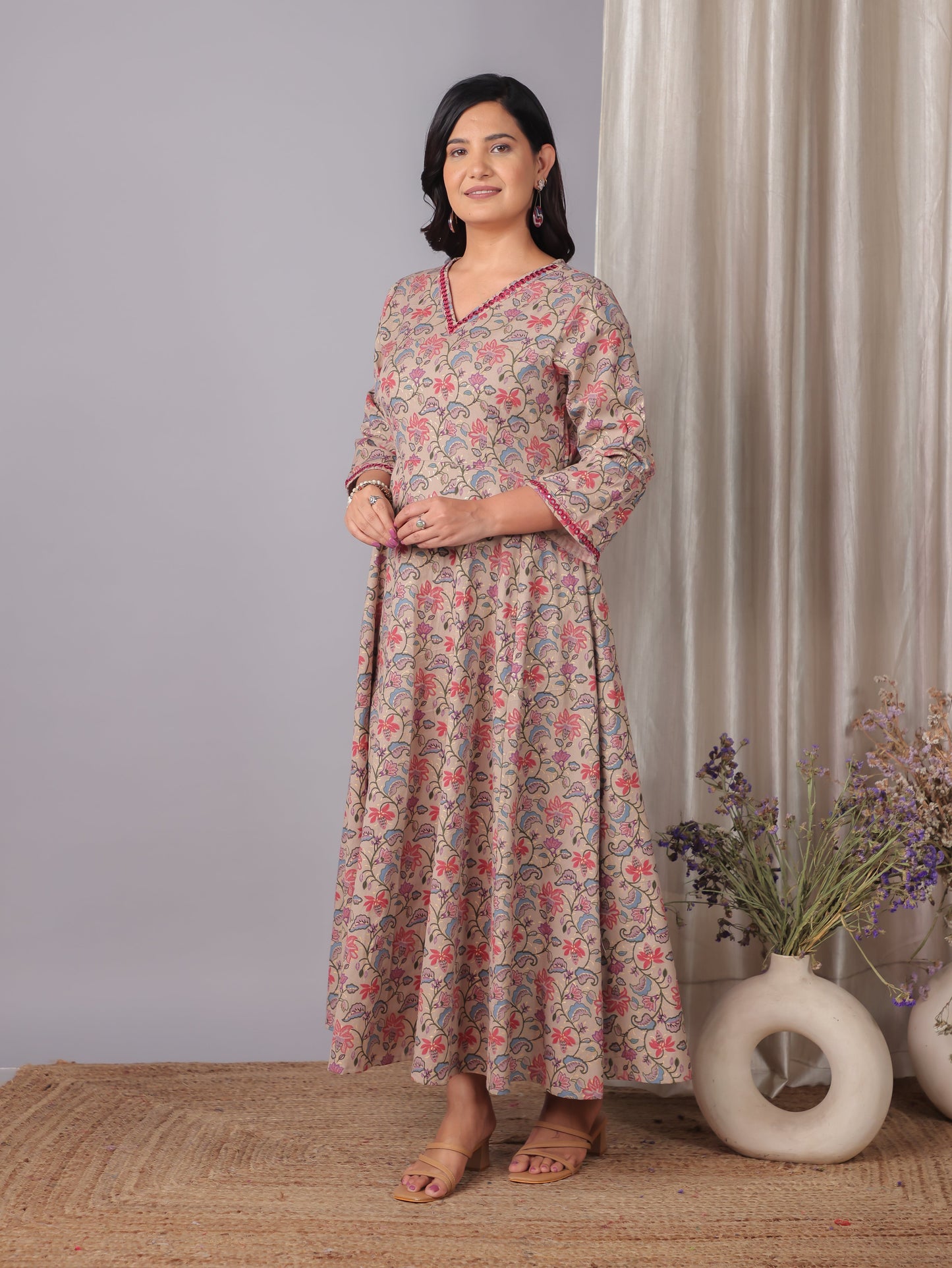 Embroidered Linen Cotton Floral Flared Beige Dress