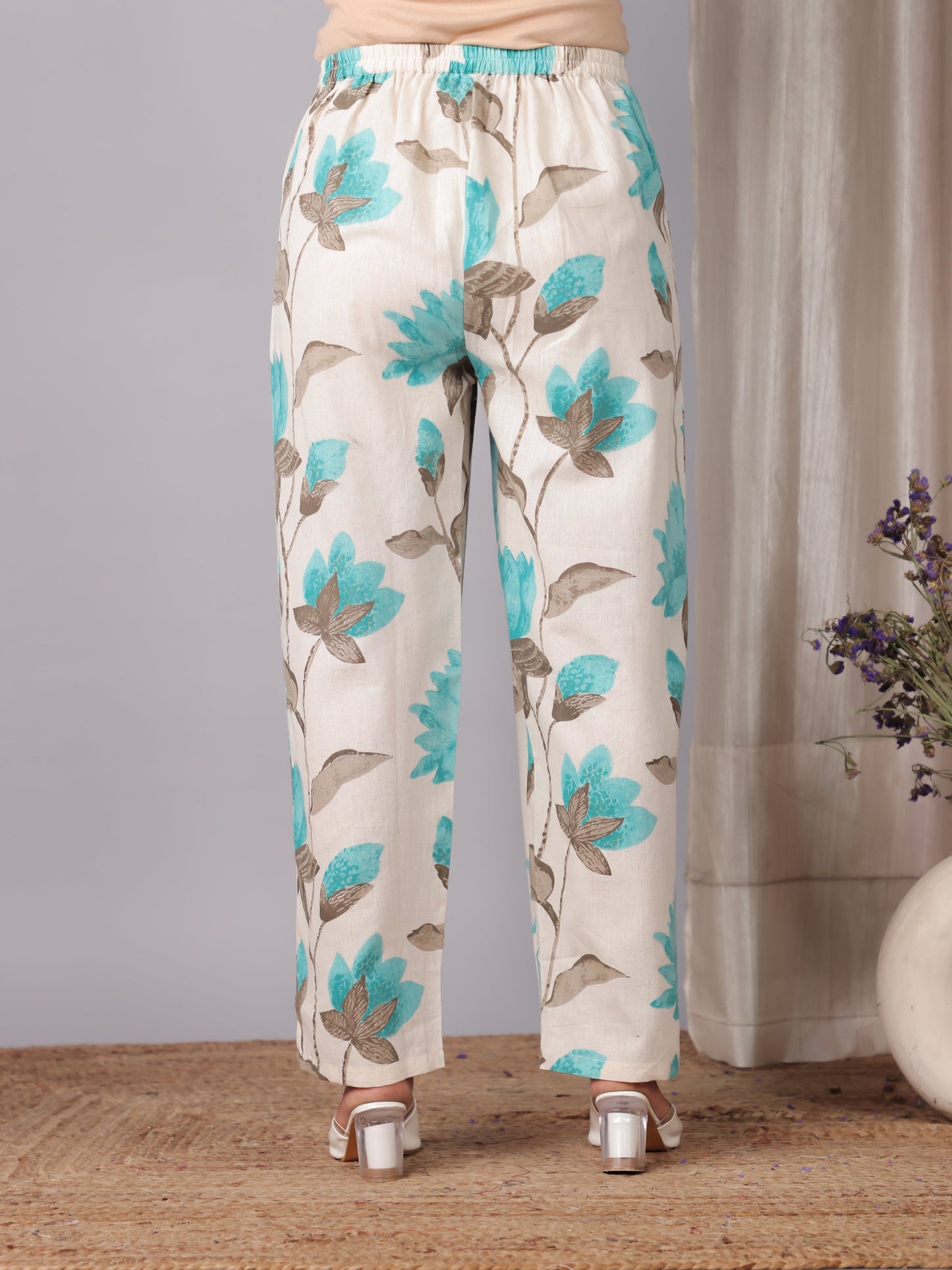 Linen Cotton Floral Off White Straight Trousers