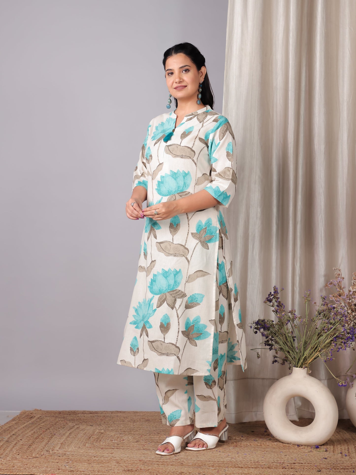 Linen Cotton Floral Straight Off White Kurta