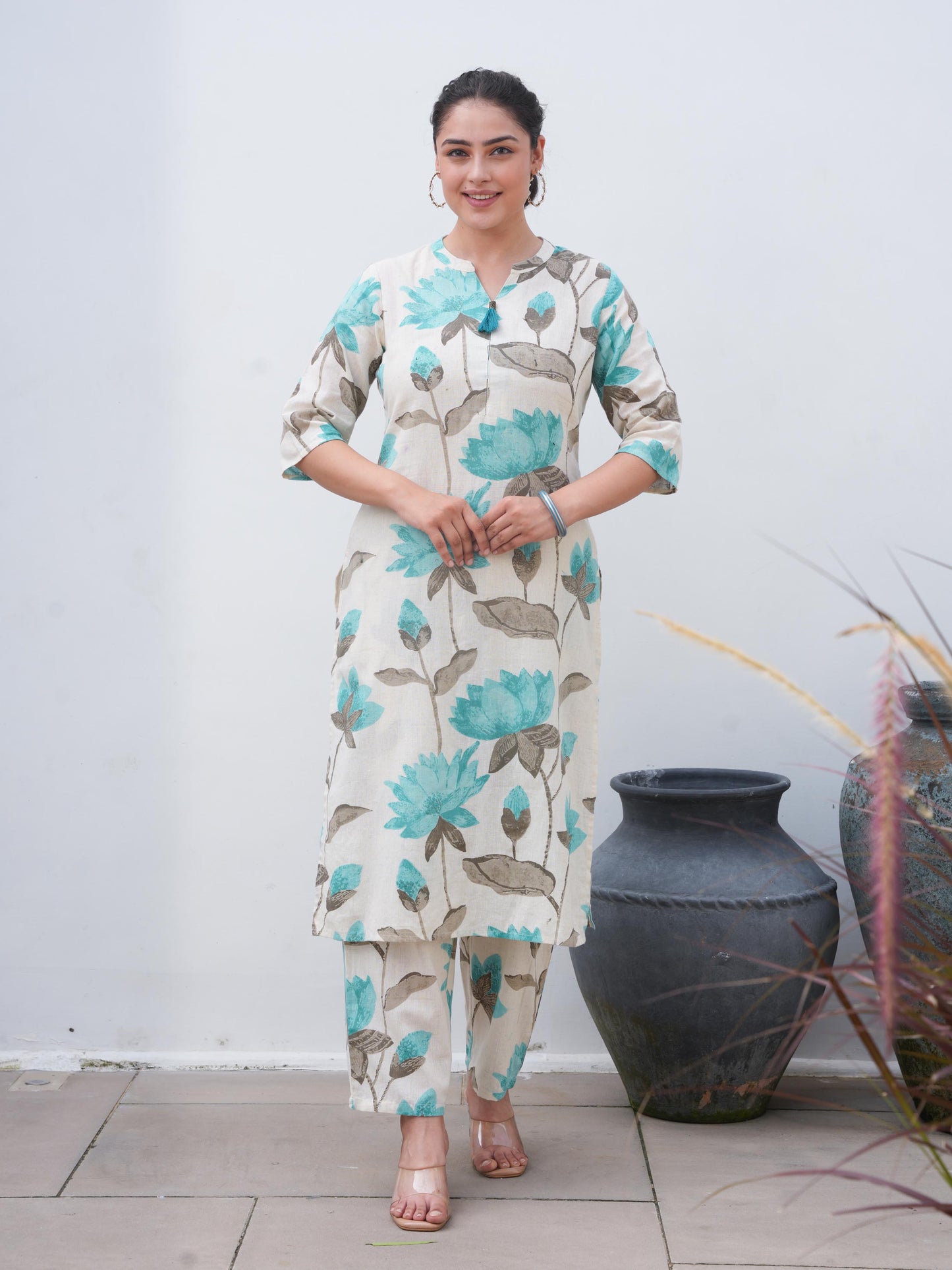 Linen Cotton Floral Straight Off White Kurta
