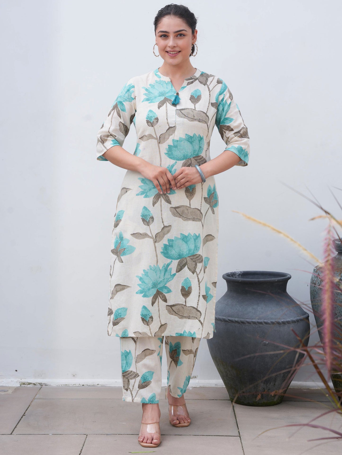 Linen Cotton Floral Straight Off White Kurta
