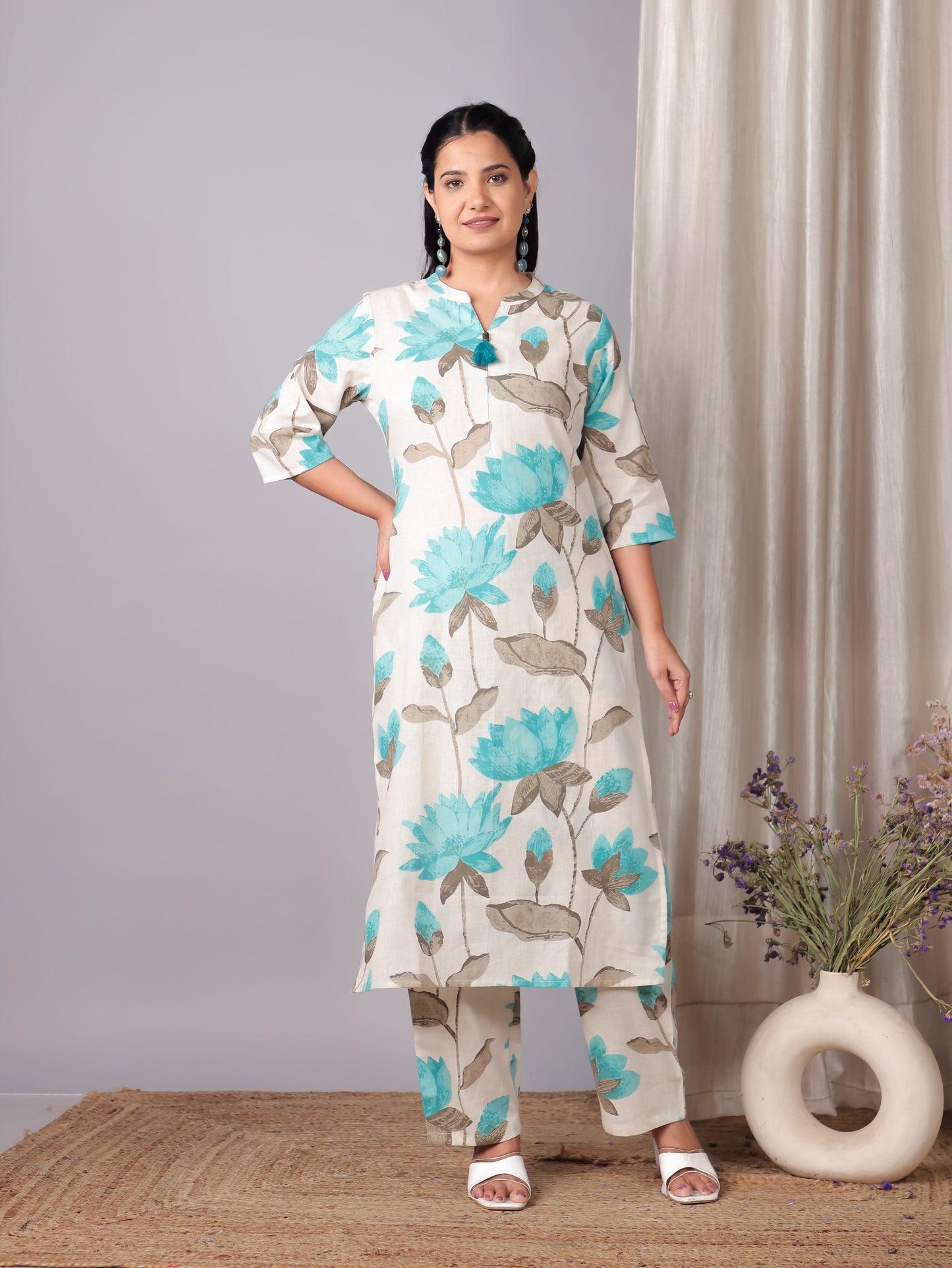 Linen Cotton Floral Straight Off White Kurta