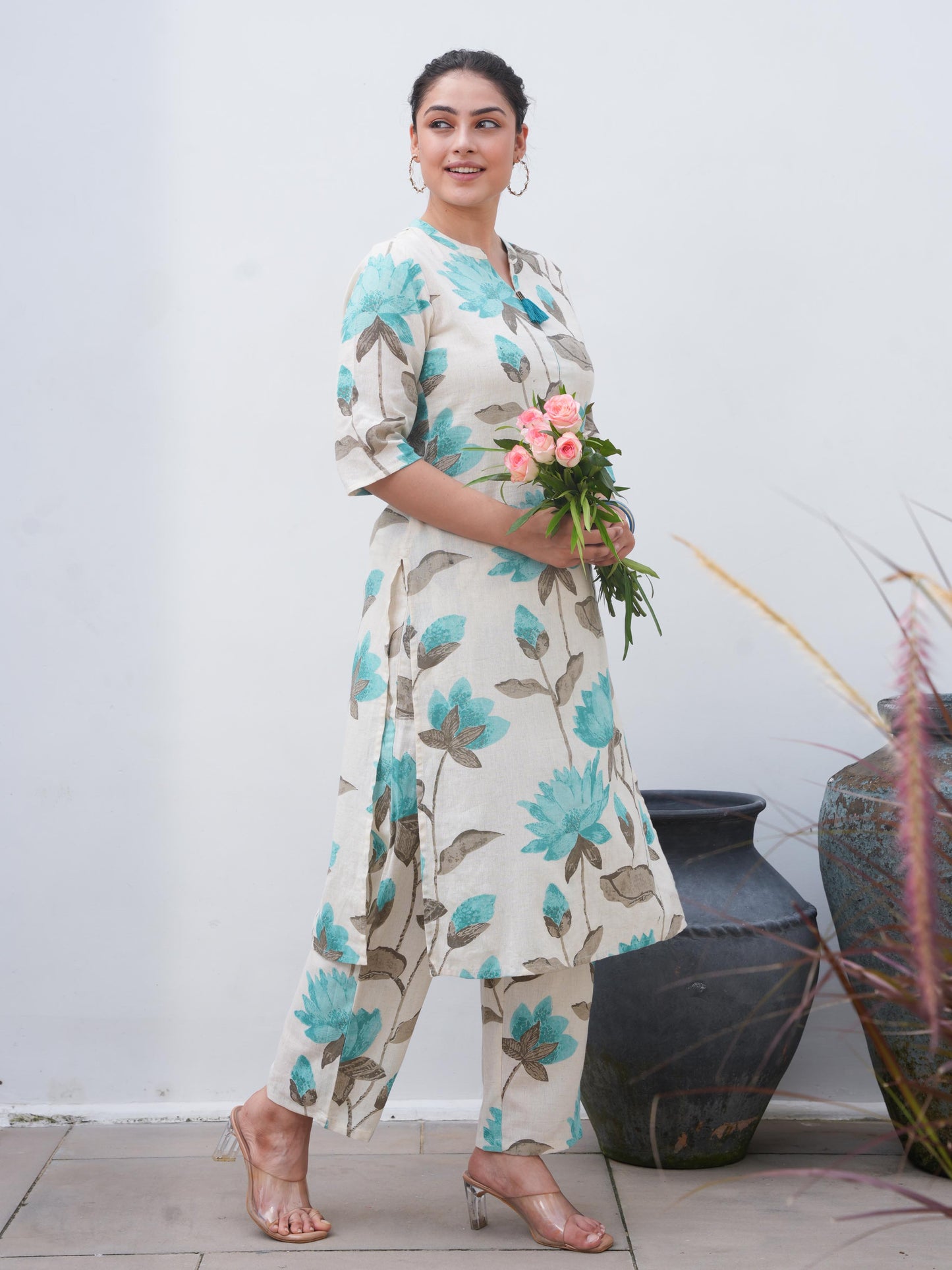 Linen Cotton Floral Straight Off White Kurta