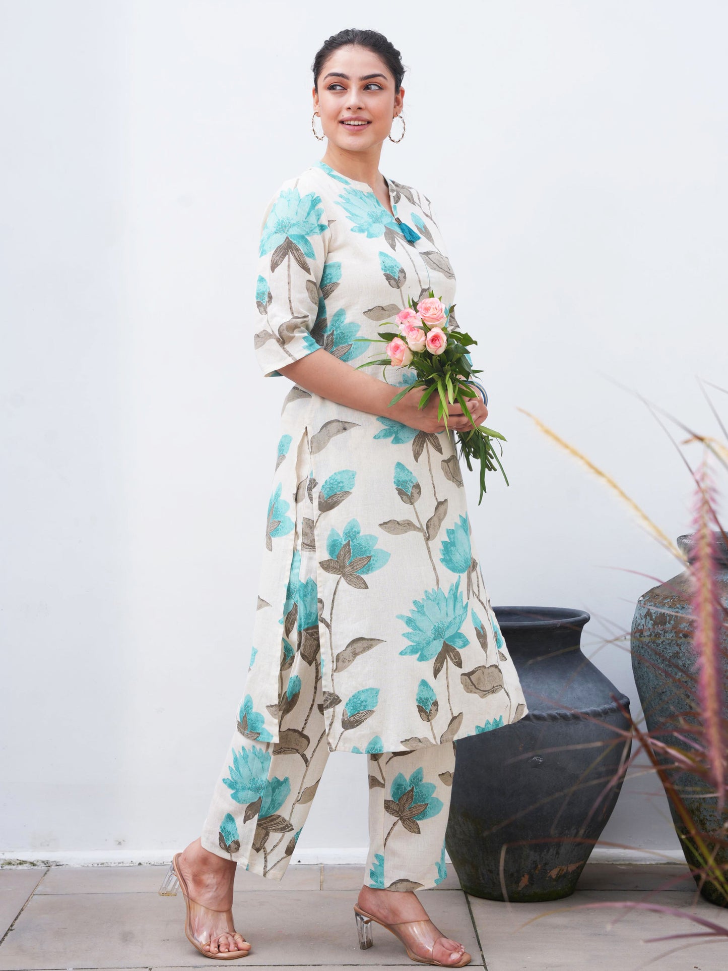Linen Cotton Floral Straight Off White Kurta