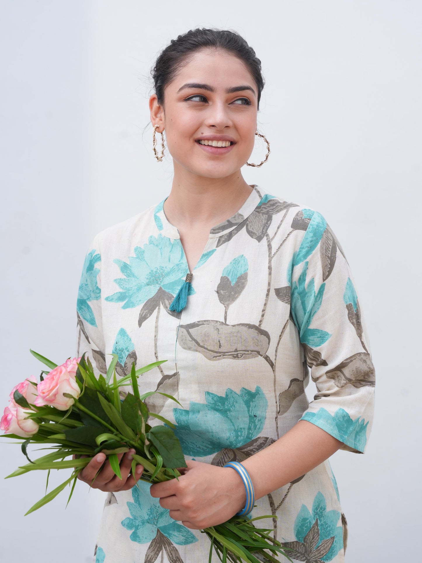 Linen Cotton Floral Straight Off White Kurta