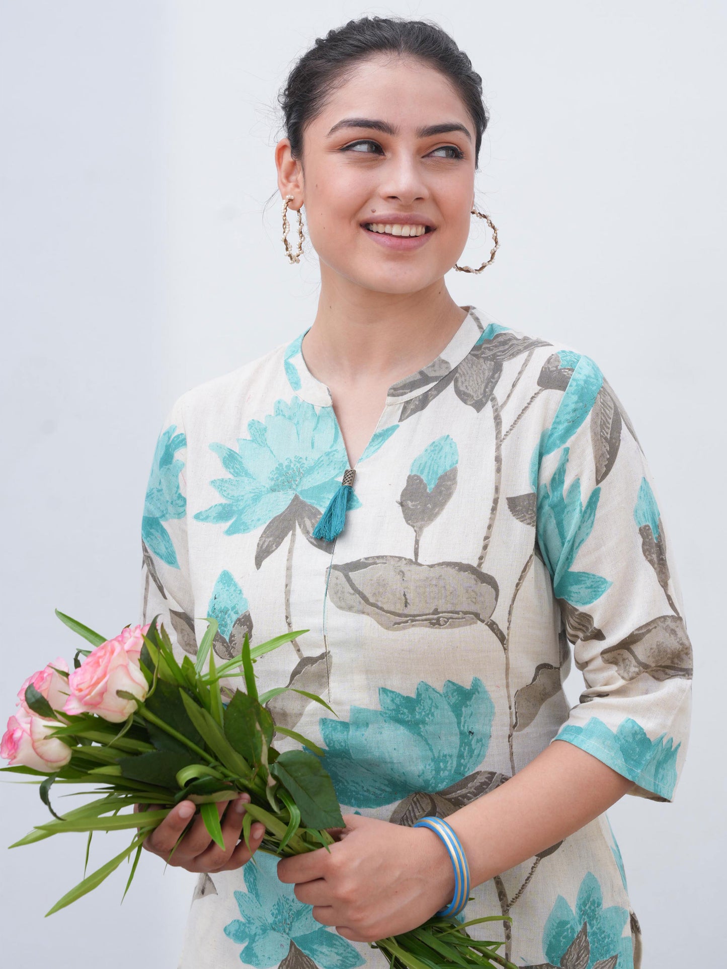 Linen Cotton Floral Straight Off White Kurta