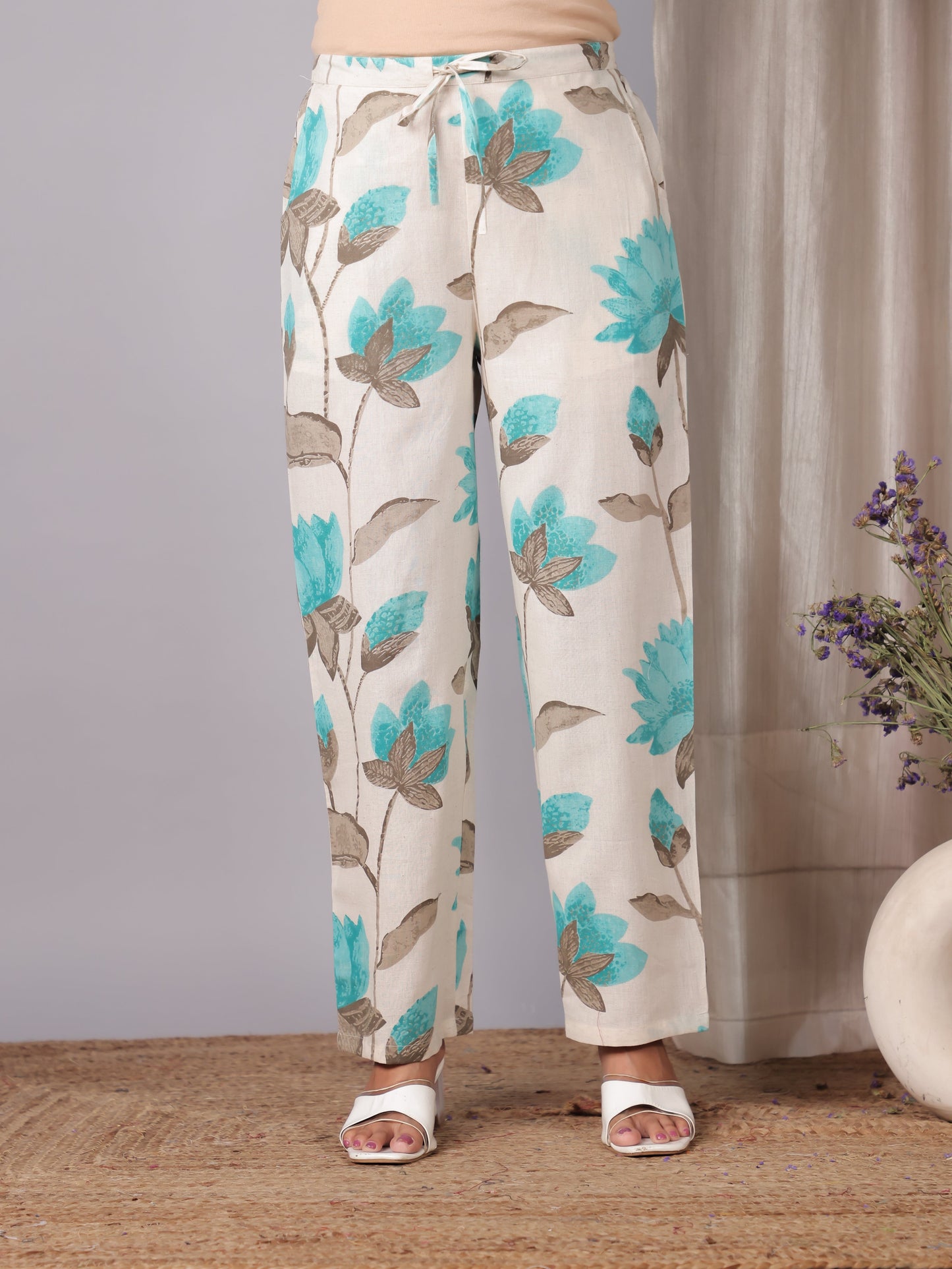 Linen Cotton Floral Straight Off White Kurta