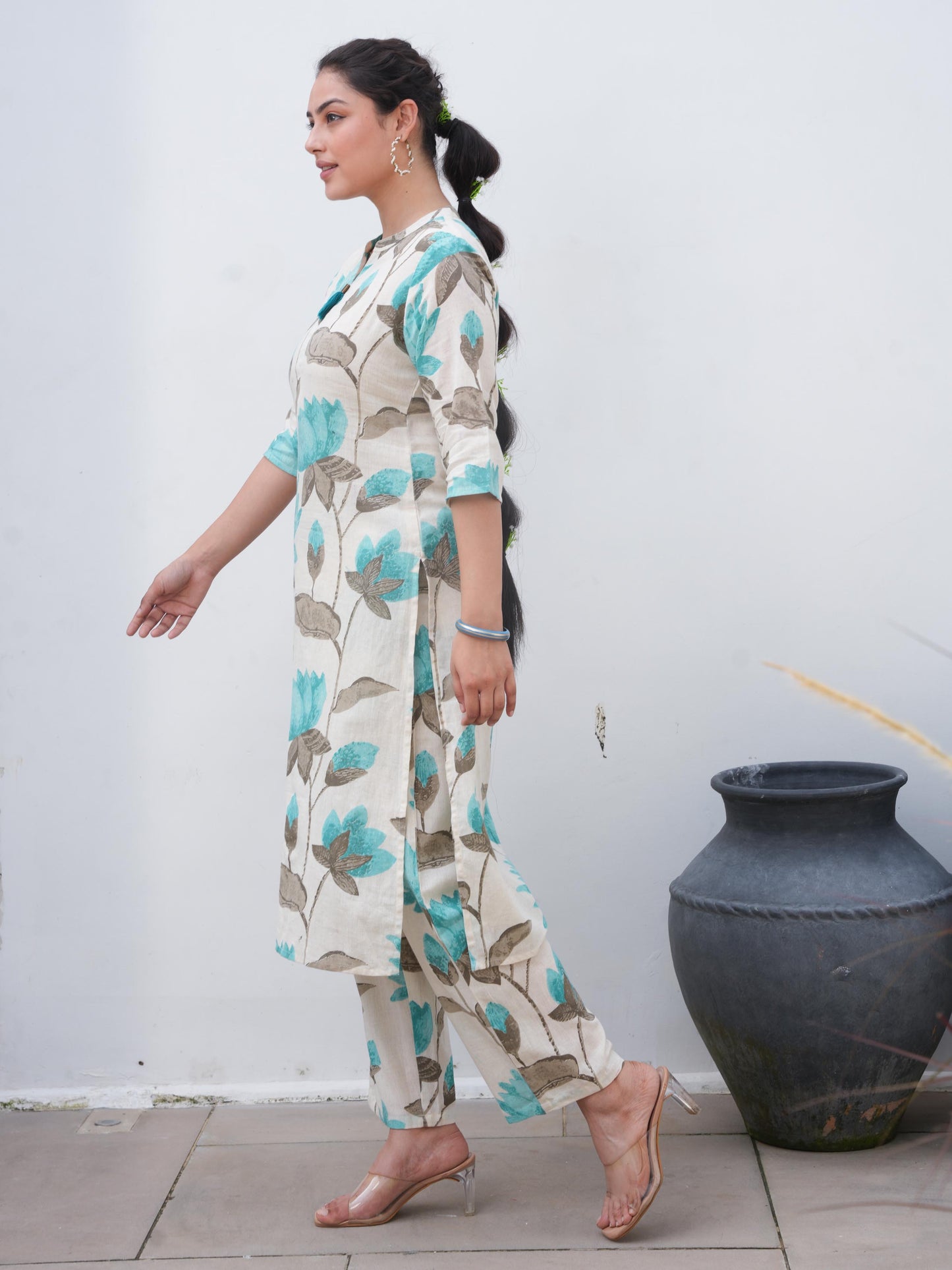 Linen Cotton Floral Straight Off White Kurta