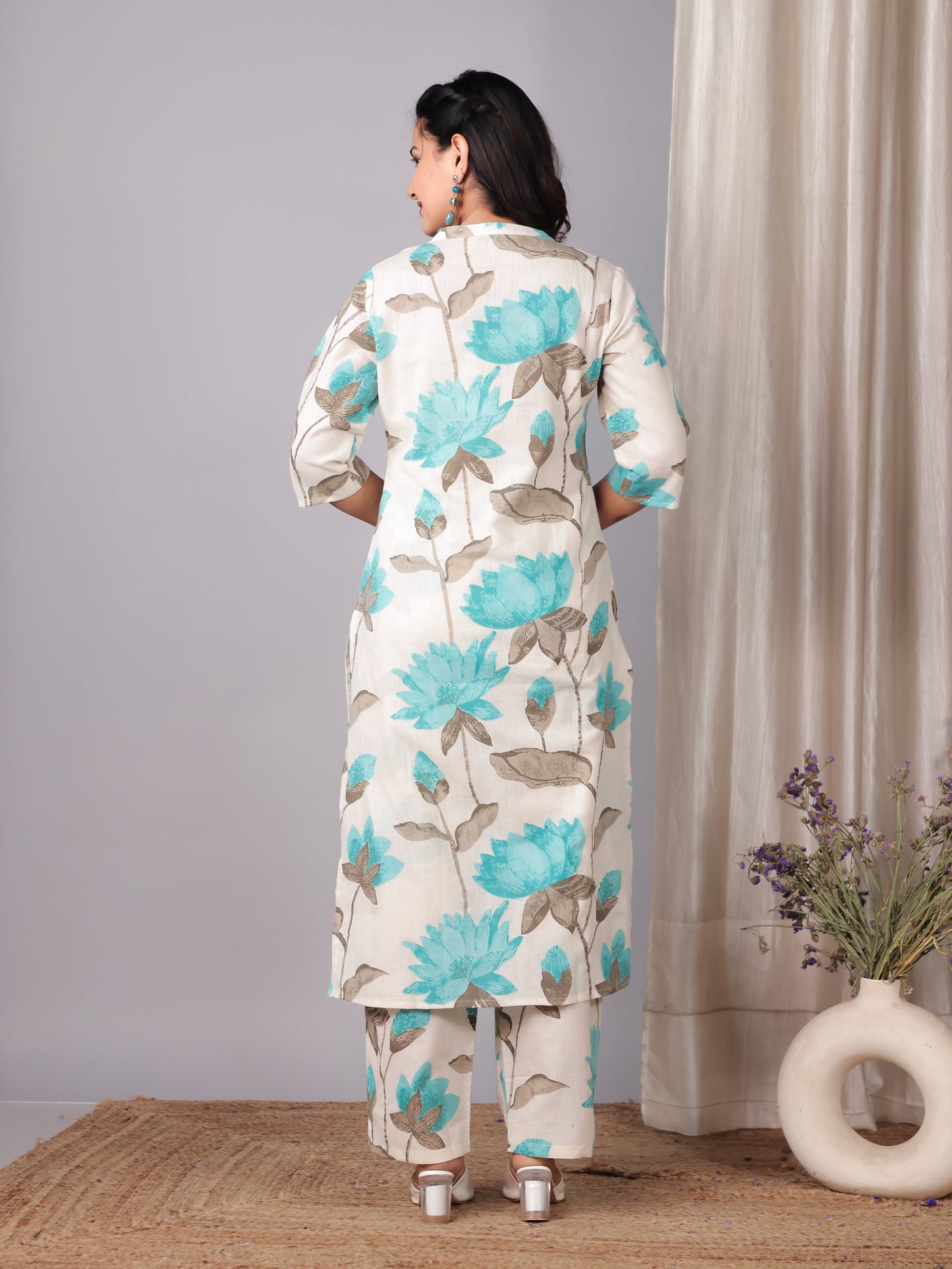 Linen Cotton Floral Straight Off White Kurta
