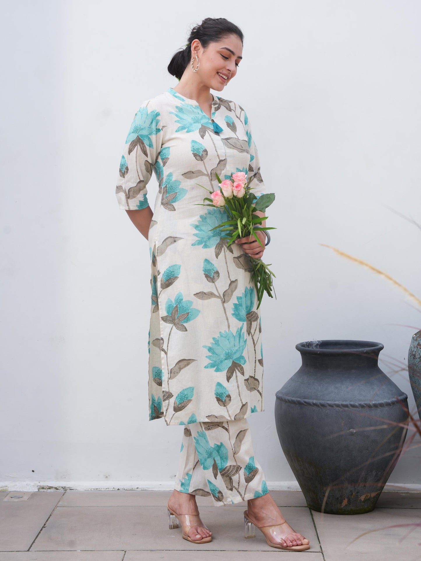 Linen Cotton Floral Straight Off White Kurta