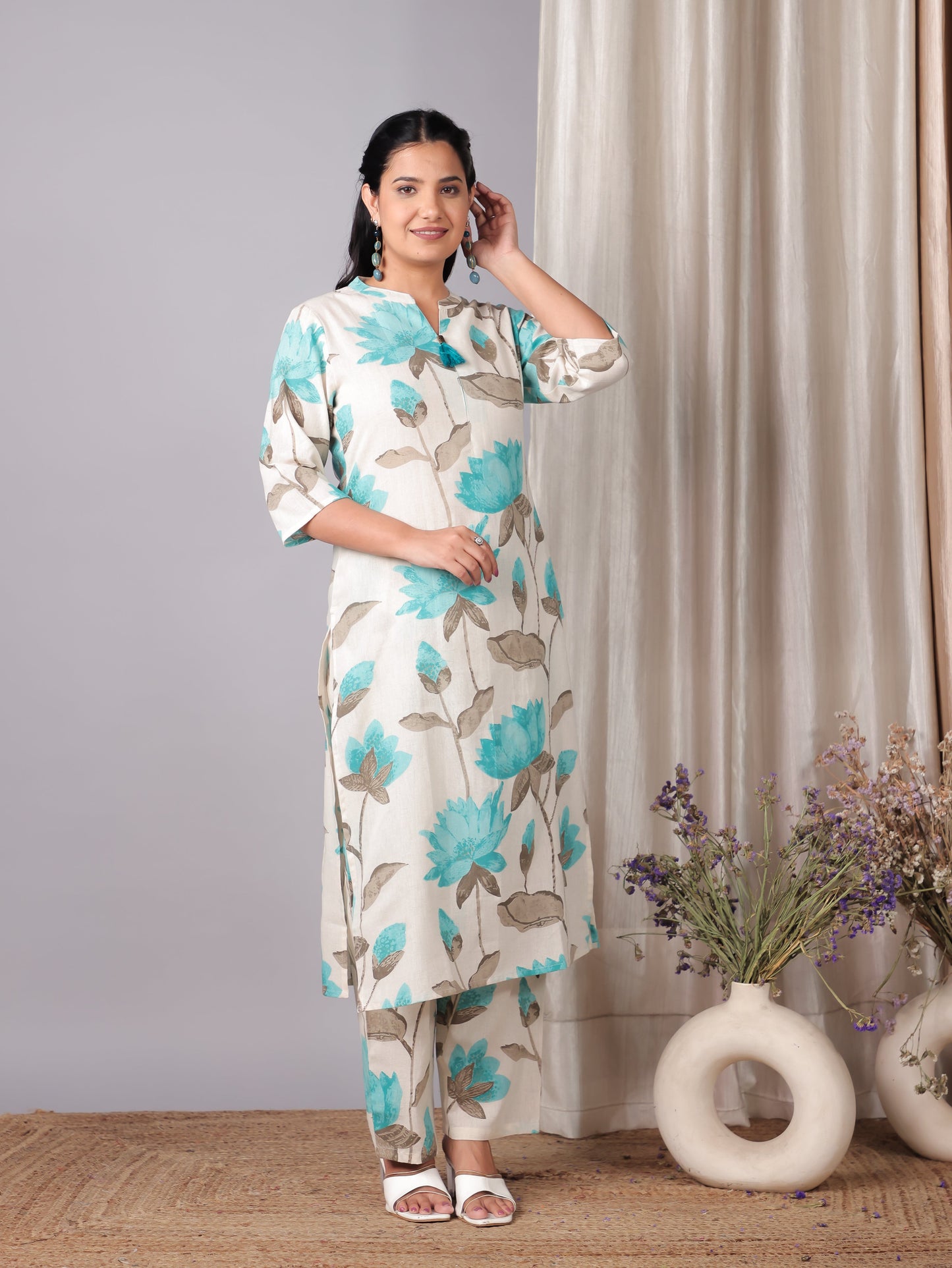 Linen Cotton Floral Straight Off White Kurta