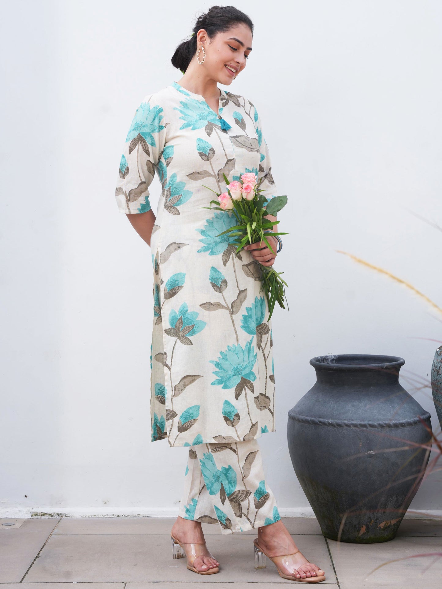 Linen Cotton Floral Straight Off White Kurta