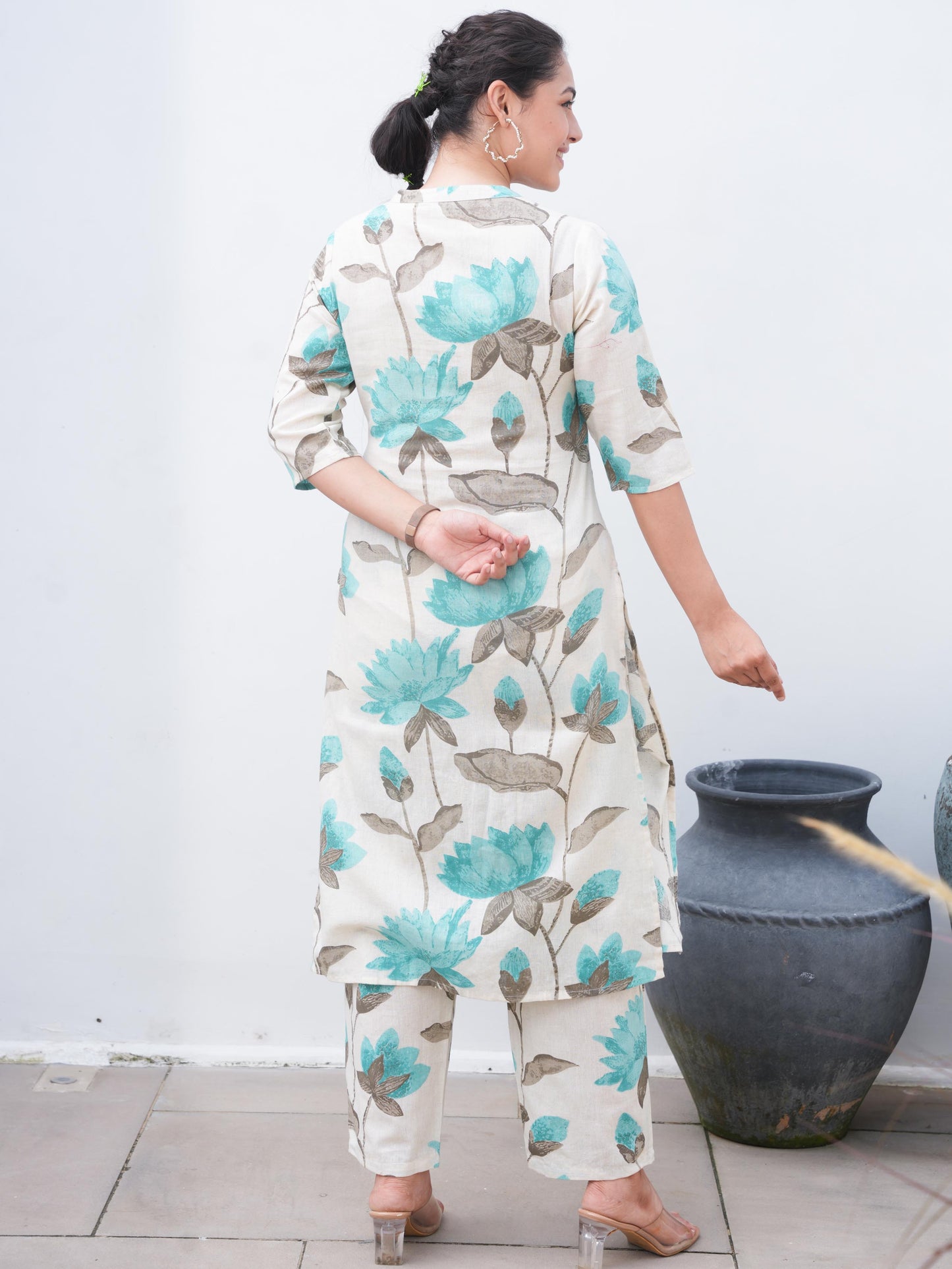 Linen Cotton Floral Straight Off White Kurta