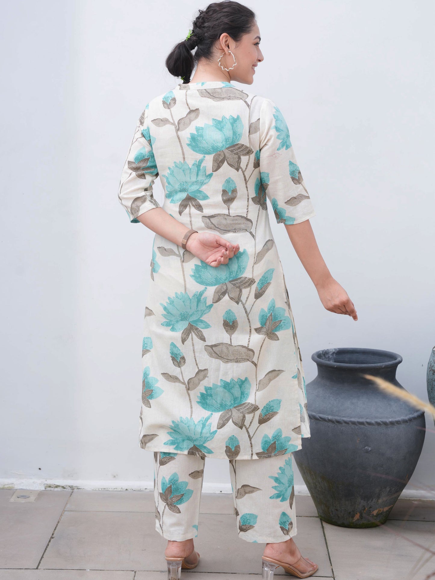 Linen Cotton Floral Straight Off White Kurta