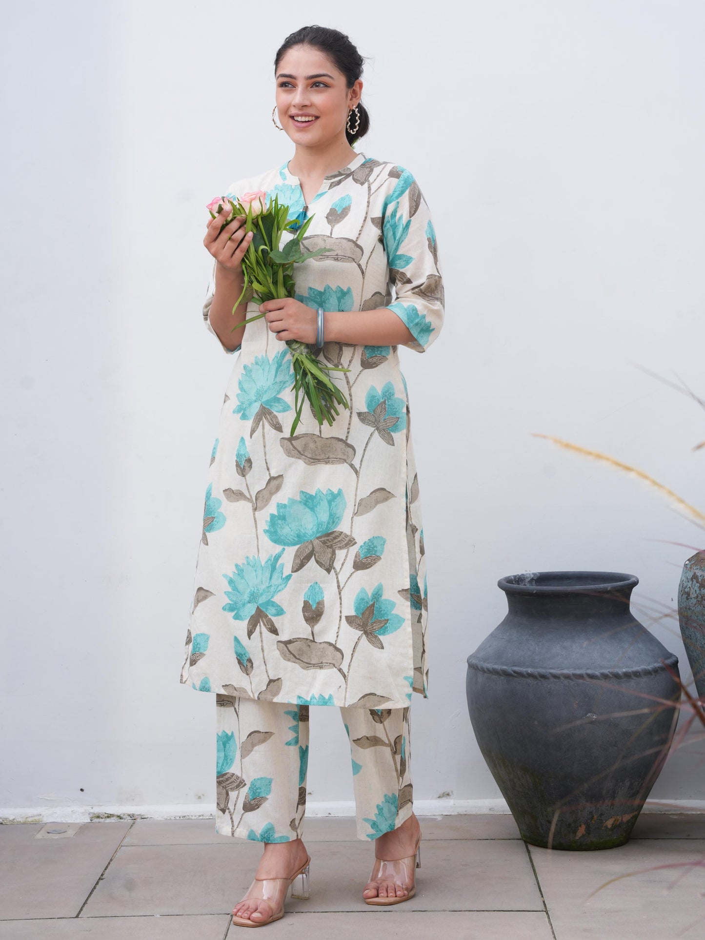 Linen Cotton Floral Straight Off White Kurta