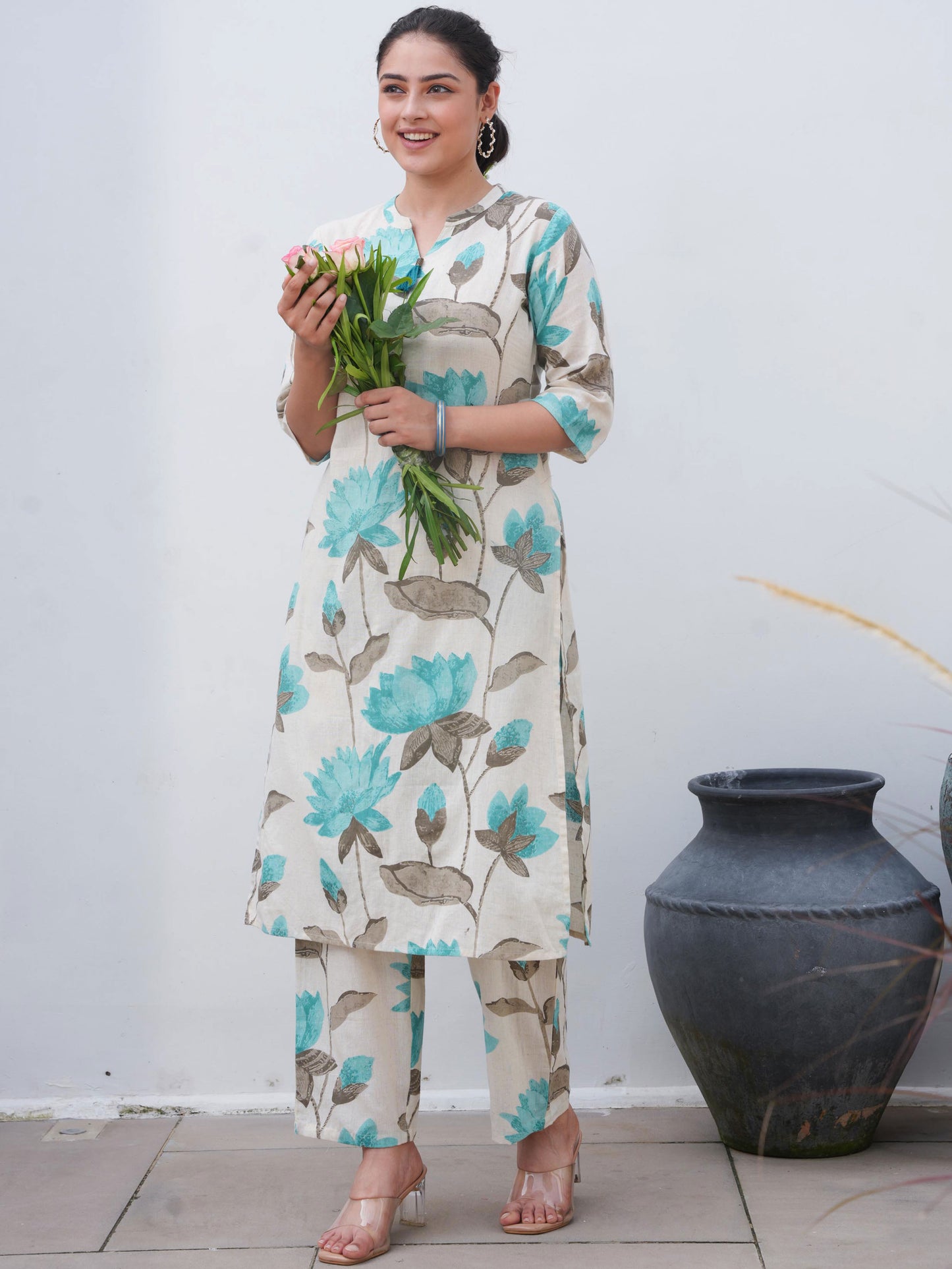 Linen Cotton Floral Straight Off White Kurta