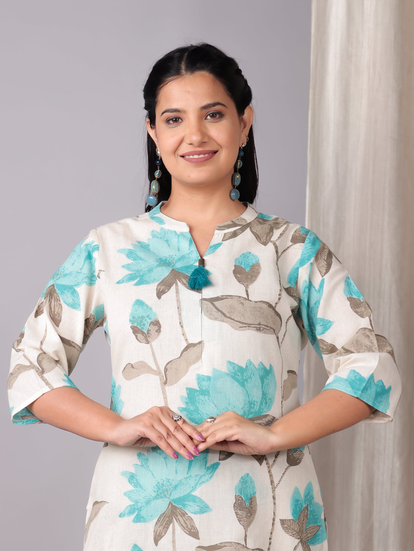 Linen Cotton Floral Straight Off White Kurta