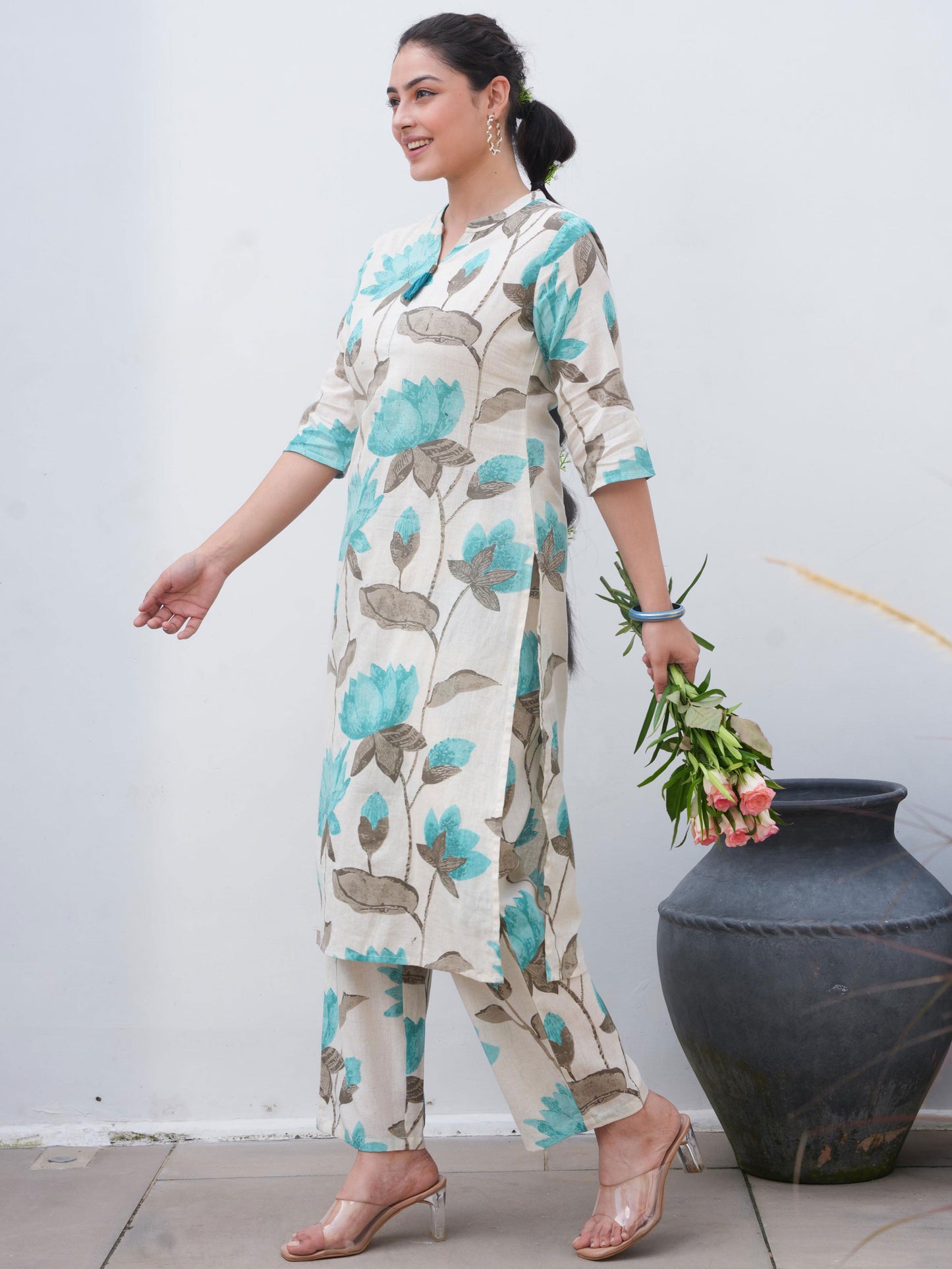 Linen Cotton Floral Straight Off White Kurta