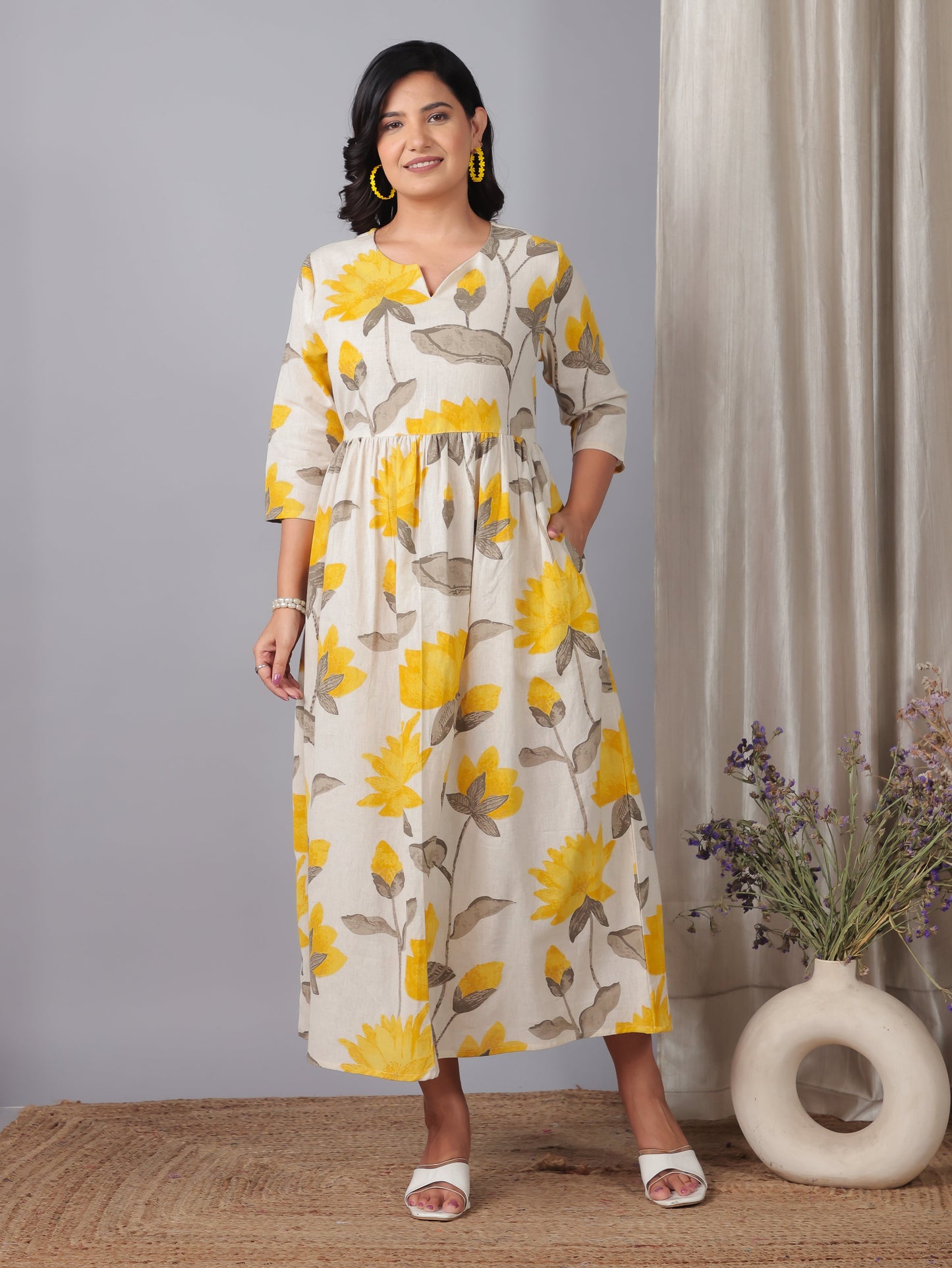 Linen Cotton Floral Gathered Off White Dress