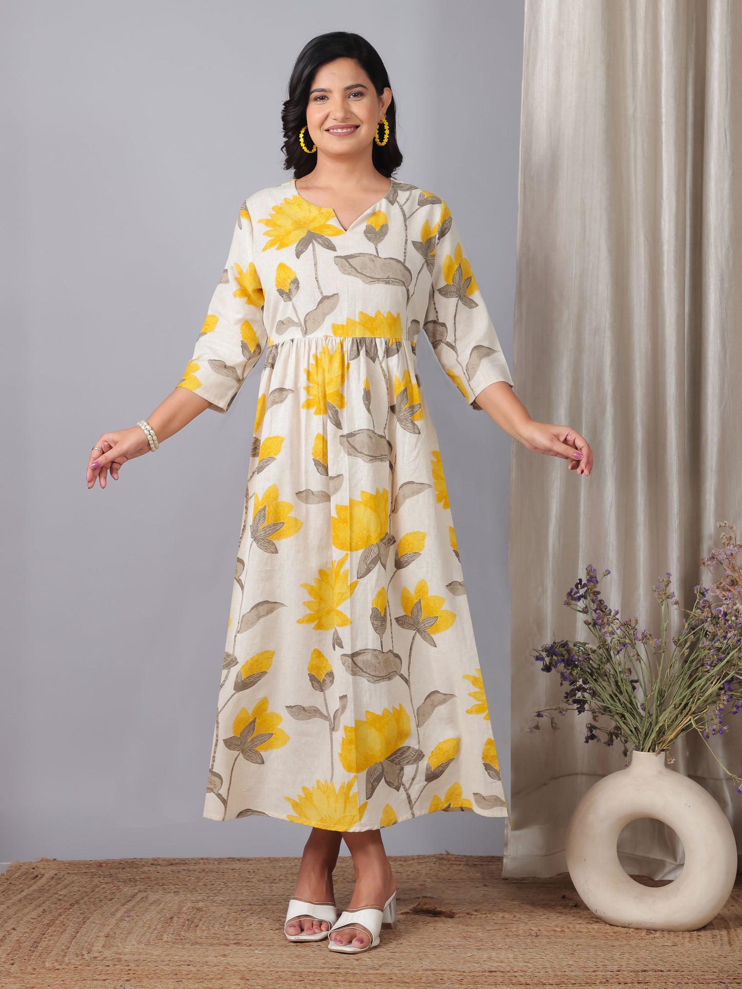 Linen Cotton Floral Gathered Off White Dress