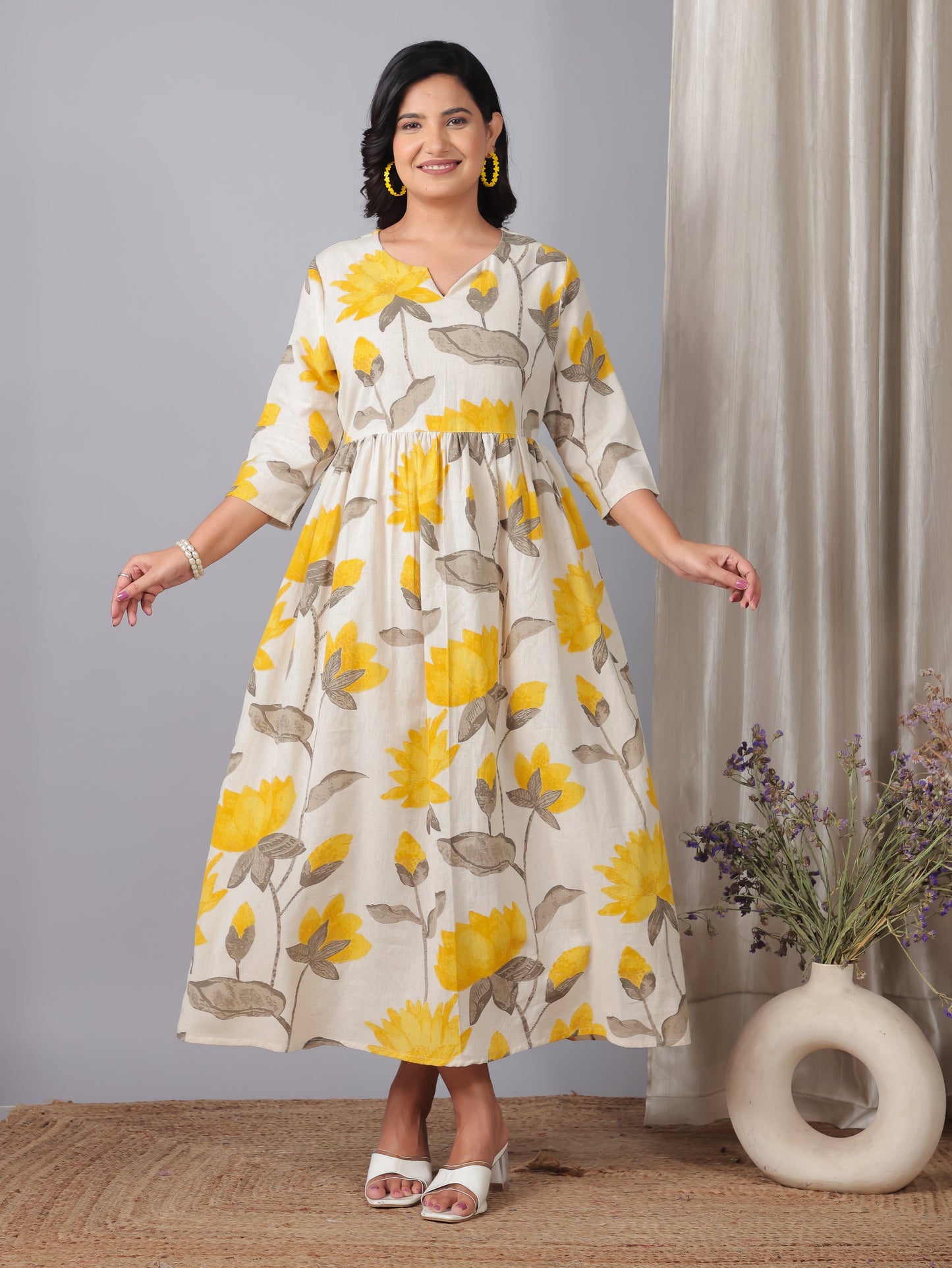 Linen Cotton Floral Anarkali Off White Dress