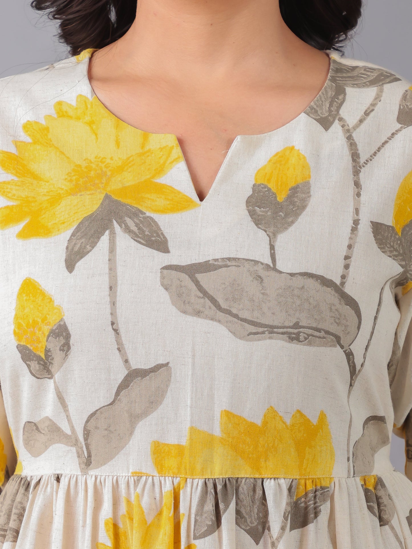 Linen Cotton Floral Gathered Off White Dress