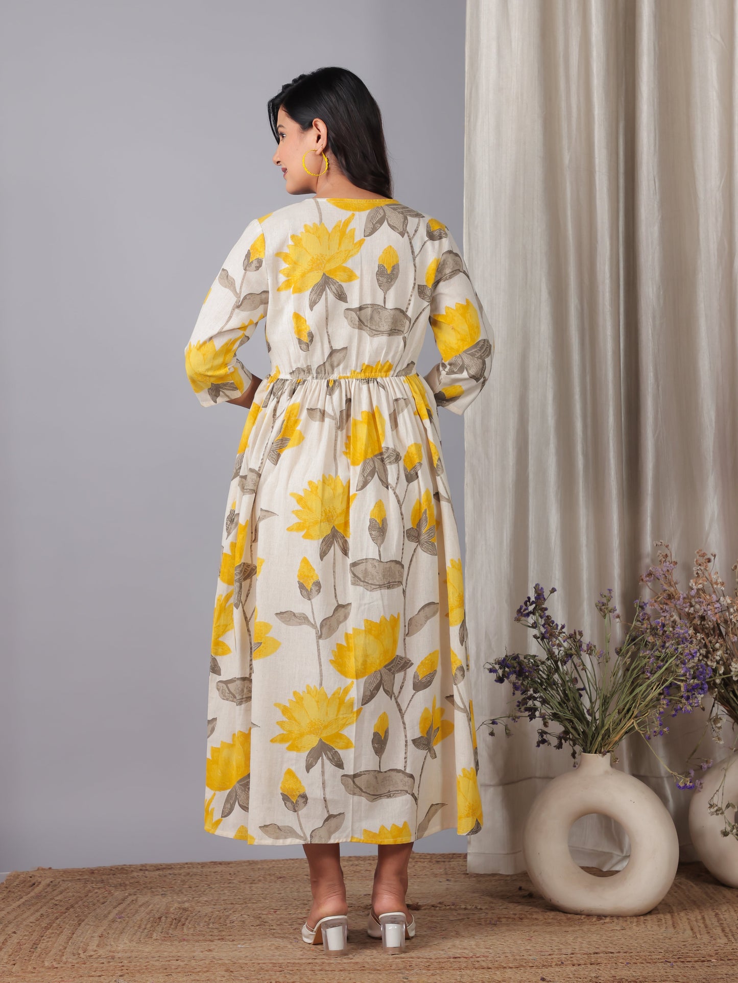 Linen Cotton Floral Gathered Off White Dress