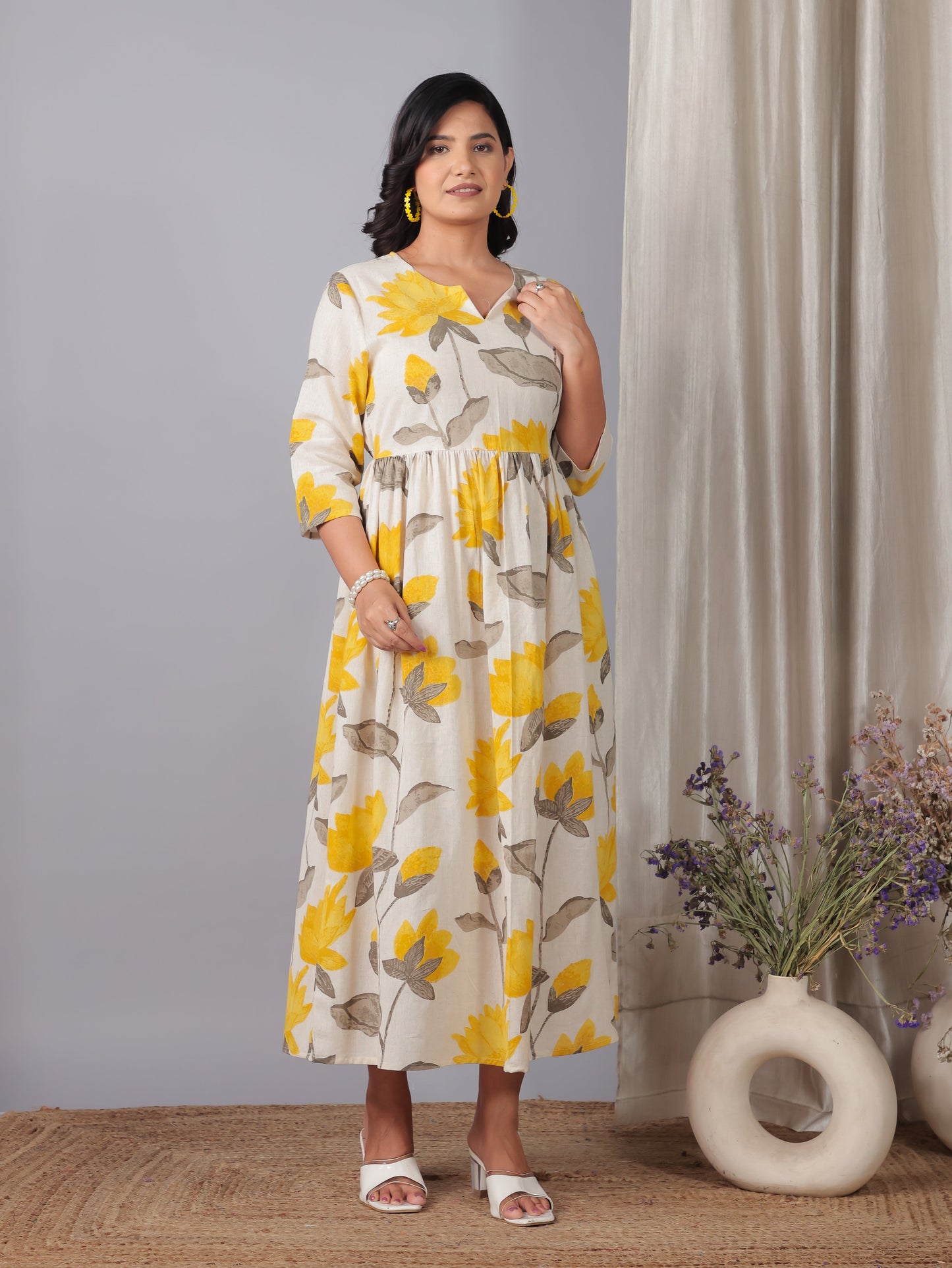 Linen Cotton Floral Gathered Off White Dress